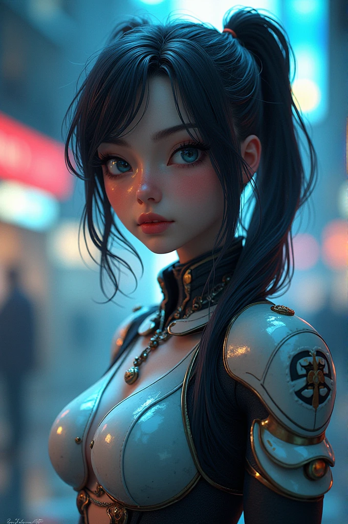 Photo of a humanoid artificial intelligence with natural skin, far away, airflow, and thick hair, sharp looking eyes, thin, upturned nose, Lip fat, hourglass figure, typical clothes and makeup, details Intricate, Energetic, vivid, epic, Soft, film, 4K, contra-luz, and deep depth of field