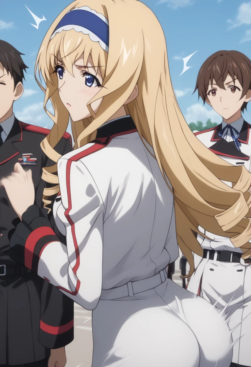 score_9, score_8_up, score_7_up, source_anime, high detail, detailed face, cecilia alcott, long hair, blue eyes, blonde hair, hairband, drill hair, blue hairband, school uniform, ribbon, blue ribbon, long sleeves, red trim, uniform, military uniform, white military uniform, ClapEm, ass, handprint on hip, motion blur, motion lines, afterimage, slap mark