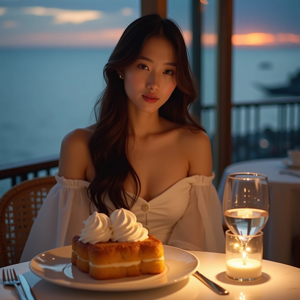 8K、Top image quality、masterpiece、夏天、20yr old、(1 adult female)、Off-the-shoulder dresses、by the window、ocean view、Eat a parfait at a café、Scoop the cream with a spoon and eat、Eating moments、(Expressions that you can enjoy to the fullest)、Cinematic lighting、