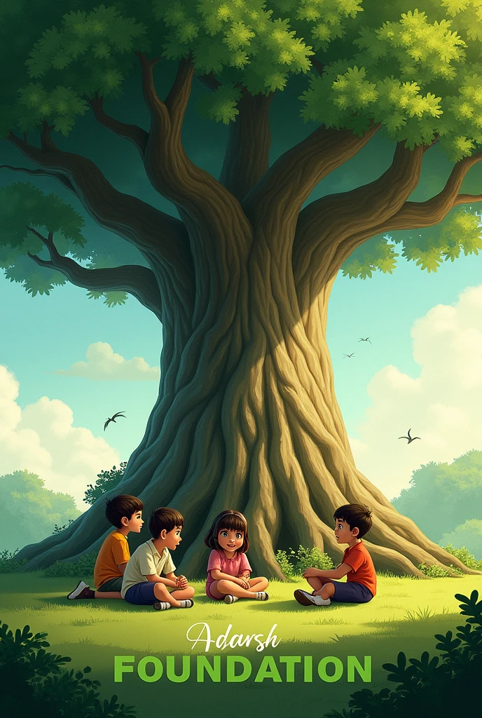 Children studying under a tree drawing