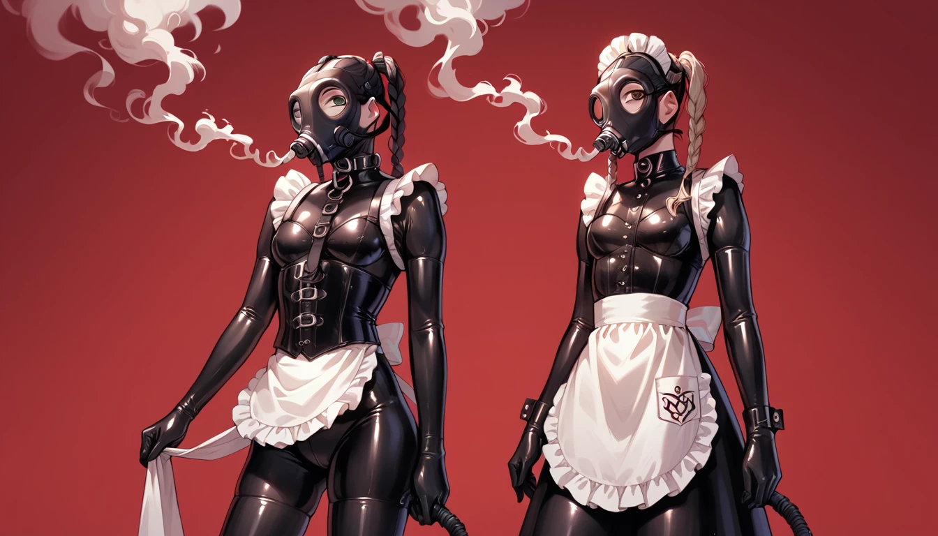 Latex sexy maid. The gas mask, is a very thin dominant Model 4 with small breasts. Black latex suit, black corset, latex gloves, white apron. A sexy pose. He stands tall. Red background. Red thick smoke in the background.