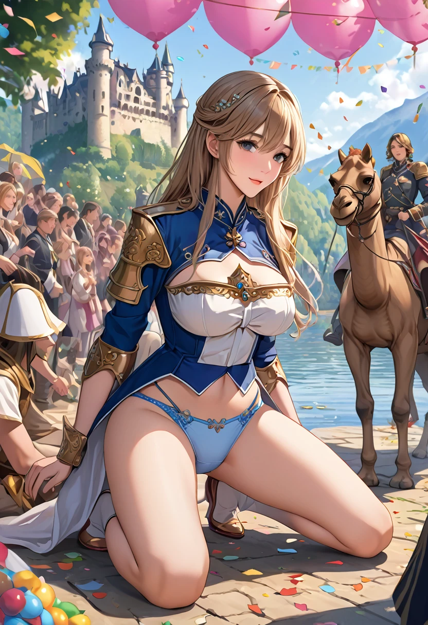 Best Quality, Official Art, masterpiece, Fabric Shading, High resolution, Very detailed, colorful, Best details, Fantasy, Combat Uniform,Ashelia:1.4,, Lakeside with an old castle,Large Breasts, skinny,gorgeous detail race panties,Surrounded by many people:1.9、Confetti falling、Blessed、Camel Toe:1.3,squatting, spread legs,
