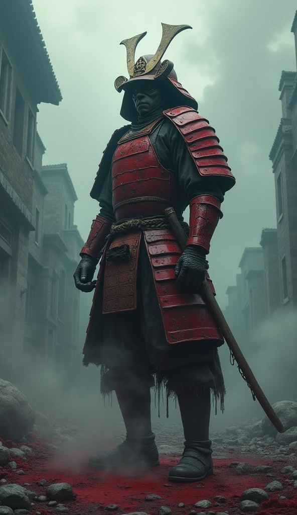 A fallen samurai stands amidst the gloomy ruins, his red armor cracked and worn, intricate details fading with time. It's a scene of a lost battle, the once glorious samurai now a haunting figure in the misty background. Ghostly shadows dance around him, the majestic composition highlighting the military honor and solitude that surrounds him. The air is thick with ashes and smoke, the ground beneath him stained with blood from the past. His determination is evident, a glyph of courage etched in his armor, marking the end of an era. As he stands in the desolate battlefield, surrounded by muted colors and subtle tones, an intrusive and eerie atmosphere envelops the scene. Every detail, from his expression and posture to the weathered armor and worn surroundings, paints a poignant picture of a warrior facing his doomed fate.