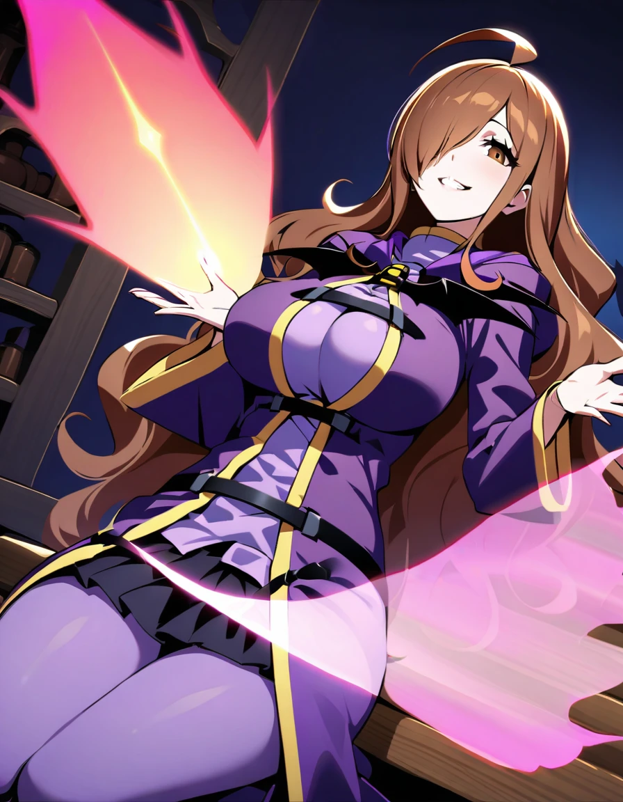 A stunning image of Wiz, the senior member of the Demon King's army and King of the Undead, Ritchie. In a spooky magic tool shop, she leans back arrogantly, her big breasts prominent under her robe. Her brown eyes gleam with a cruel grin as she looks directly at the viewer. Her long hair drapes over one eye, framing her ahoge. A pink aura emanates from both palms, hiding the energy drain touch that could uproot her life force. She holds out her hands in front of her, inviting a hug while disguising her intentions. The camera captures her from below, emphasizing her perfectly proportioned figure and ideal facial features. Her pale skin glistens with super detailed, glossy texture, a true masterpiece. In the background, skulls adorn the walls of the magic tool shop, adding to the eerie atmosphere. nsfw
