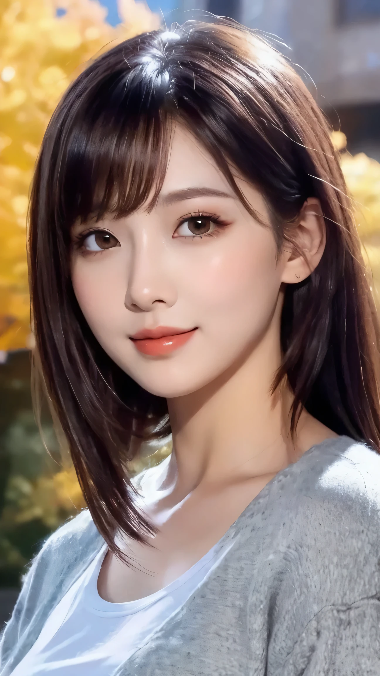 (8k, RAW Photo, Best Quality, Masterpiece:1.2), table top, Ultra Detail, Super Resolution, (Realistic, Realistic Photo:1.37), Portrait, High Detail RAW Color Photo, Professional Photo, Extremely Detailed and Beautiful, Extremely detailed, 8k wallpaper, amazing and detailed, huge file size, official art, highly detailed CG unity 8k wallpaper, highly detailed beautiful girl, highly detailed face, highly detailed eyes, highly detailed skin, highly detailed fingers, highly detailed nose, very detailed detailed mouth , perfect anatomy, highly detailed background, highly detailed clothes, (1 girl),（1 girl), cute girl, realistic body, fair skin, glowing skin , slim body, handsome body, black hair , semilong hair, (blunt bangs:1.2), smile, cute, youthful, cute face, realistic face, delicate eyes, drooping eyes, looking at viewer, facing front, standing posture, Contraposto, (large breasts), (Perfect Body Proportions), (slender Body Proportions), super sexy pose,  (early fall fashion), 