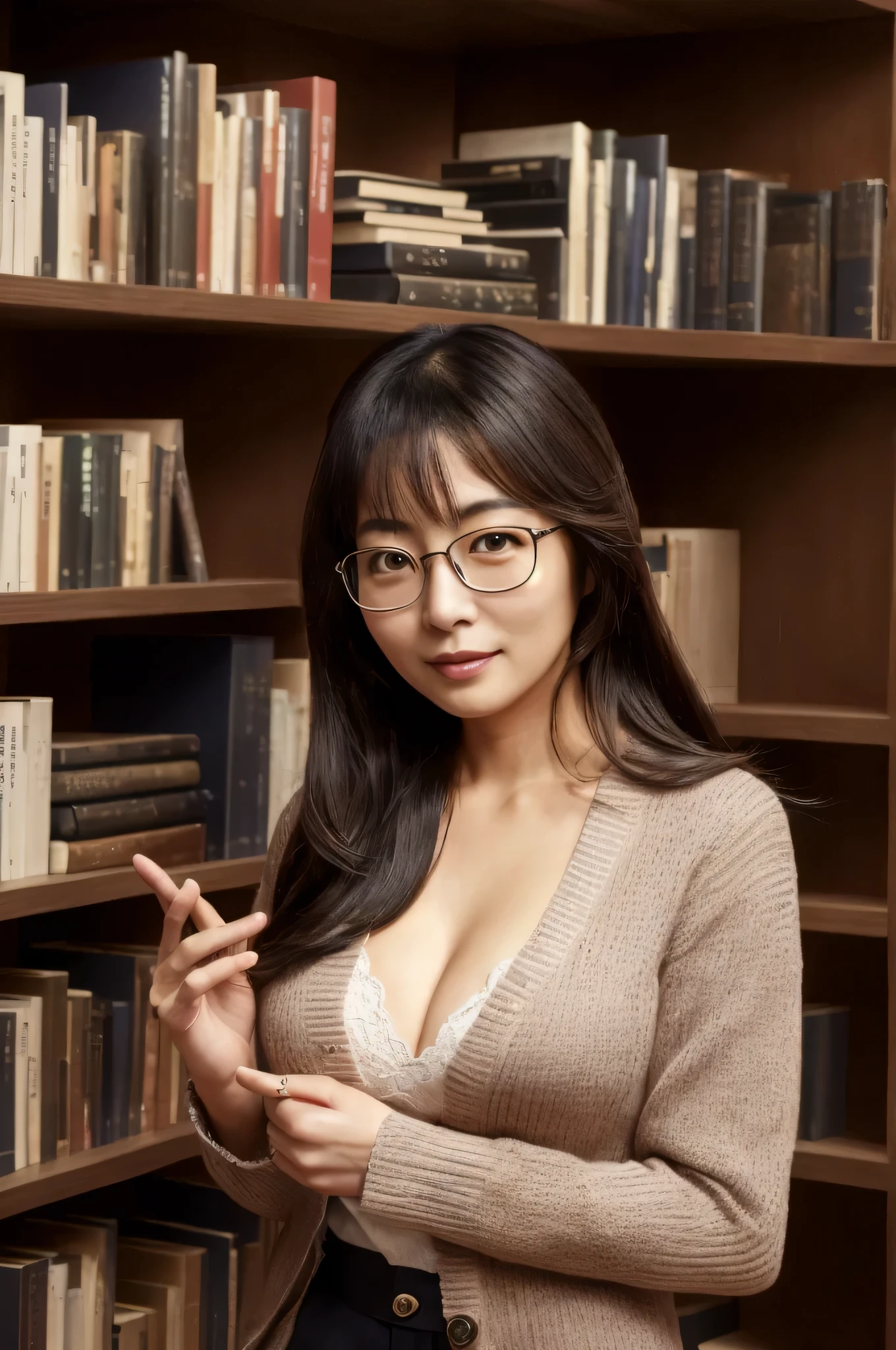 arafed asian woman in glasses standing in front of a book shelf, deayam to whom, Suzuki Kiyoko, Ayami Kojima Amano, Ayamin to whom, librarian, Yoshitomo Nara, Chiho Ashima, Yuuka Kazami, Yasumoto Oka, nishihara isao, Narumi Kakinouchi、Cleavage、