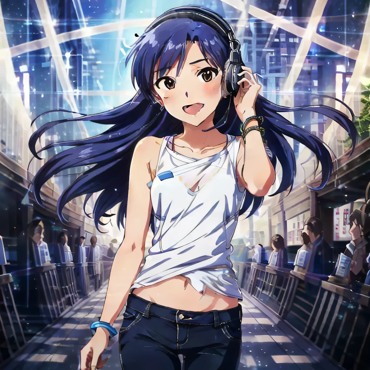 (masterpiece),kisaragi chihaya, blue hair, long hair, brown eyes, 1girl, solo, headphones, open mouth,  smile, bracelet, jewelry, pants, looking at viewer, musical note, floating hair