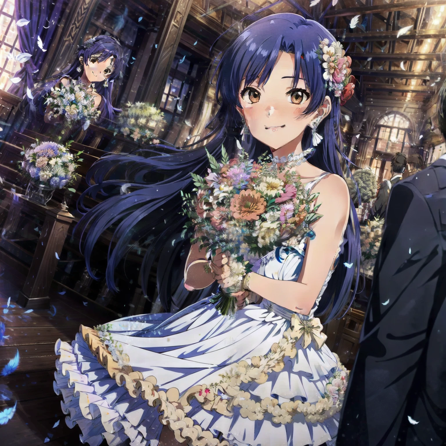 (masterpiece),kisaragi chihaya, blue hair, long hair, brown eyes, 1girl, bouquet, dress, solo, flower, wedding dress, feathers, holding bouquet, white dress, jewelry, smile, earrings