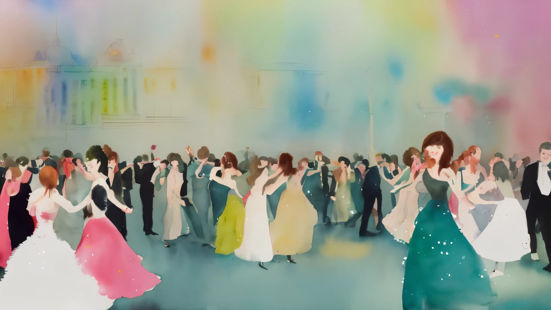 Watercolor painting of the ball at Sberbank, taking place against the backdrop of a luxurious palace. Room in grey-green tones, elegant and discreet atmosphere. Couples are dancing in the background: girls in fluffy ball gowns, men in bright hussar costumes, one dancing couple in the middle. Numerous couples are circling in the dance, creating a feeling of fun and joy. The image is done in the style of a watercolor painting., with soft color transitions and a slight haze, emphasizing the solemnity of the moment. Horizontal format, edges in white in free form watercolor spots