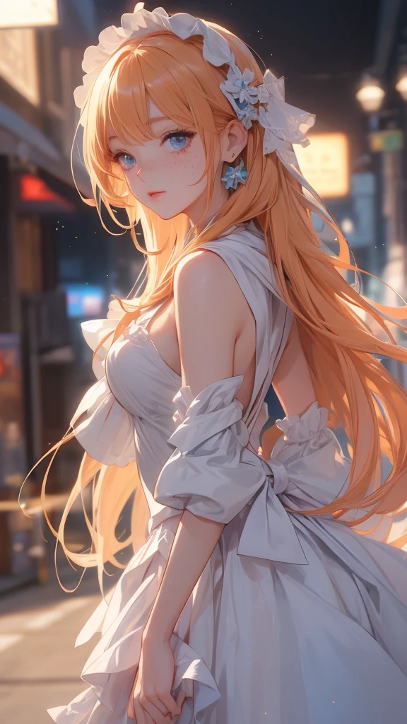One , ((luxury white dress))、(Inner color hairstyle), Beautiful Hair Orange, Facial Contour, Remember, Venue, brilliant lighting、splash, Lens flare,, Natural Color, High resolution, Very delicate, Very detailed, 8k,(There is swelling of the breasts、About B cup)、Shyness,((Sexual))、Angle of view from head to toe