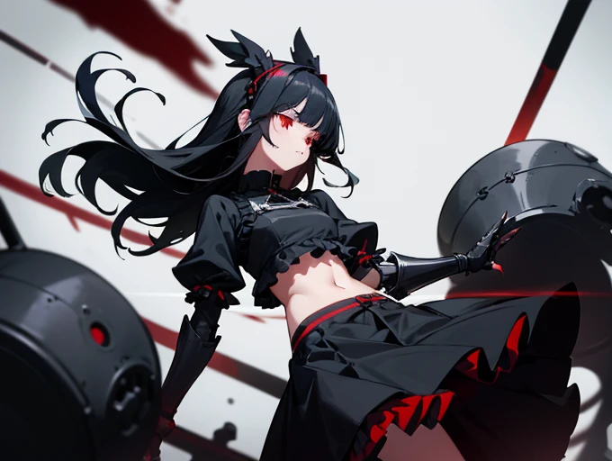 Rory Mercury, Rory Mercury, Black Hair, Blunt bangs, Hime cut, hair ornaments, Red lipstick, Long Hair, Cute face, compensate, (Small box:1.2), (Red eyes:1.5), break Gothic underwear, Perfect body (Small breasts:1.3), break in full growth, Red Shoes, break Black Stockings, Black Gloves break, Black thighs, Garter Straps, gloves, Gothic, Hair Ribbon, Gothicファッション, puffy Short sleeve, Puffy sleeves, Short sleeve, tights, tights, looks at the viewer, break (masterpiece:1.2), Highest quality, High resolution, unity 8k wallpaper, (Illustration:0.8), (Beautiful details in the eyes:1.6), Highly detailed face, Perfect lighting, Highly detailed CGI, (Perfect Arms, Perfect Anatomy), (white background:1.5), I have nothing in my hands, 1girl, whole body, Confused eyes