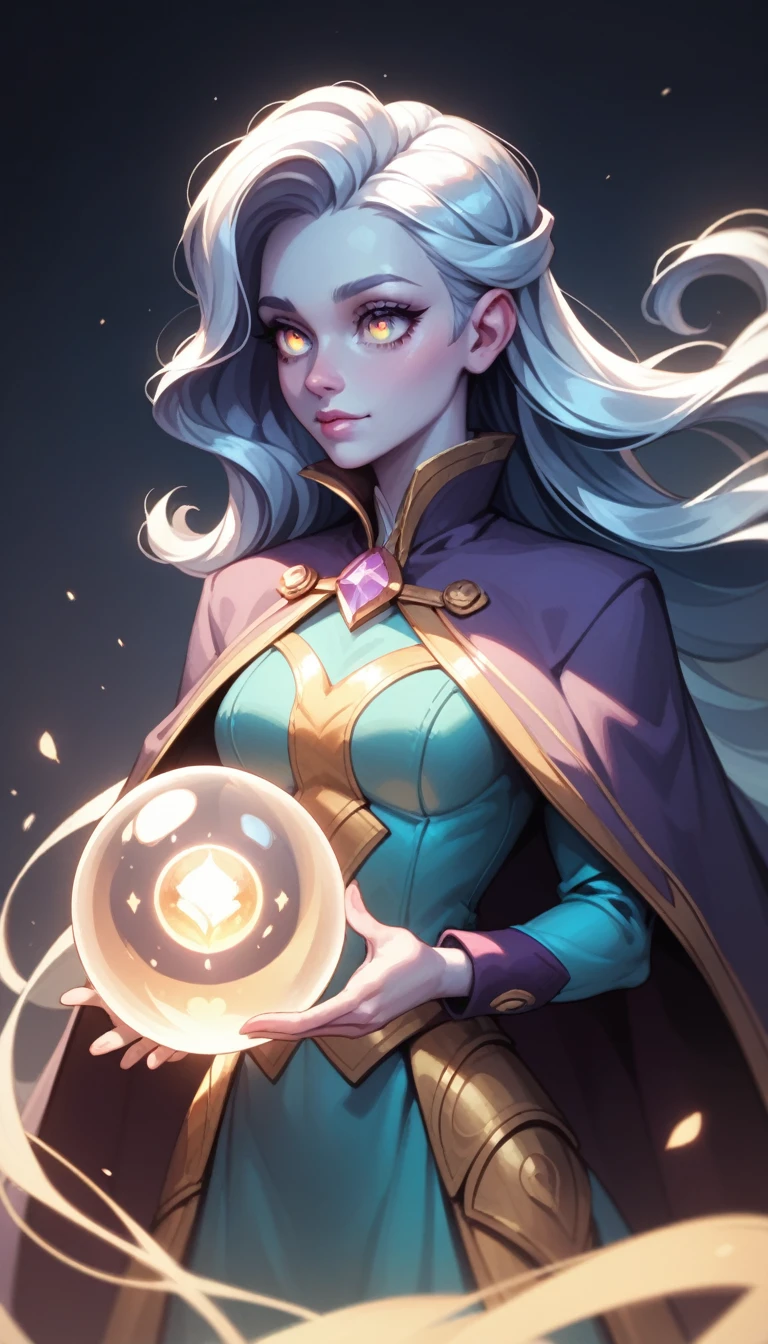 waist-length portrait, Best quality, masterpiece, contrasting light, best light and shadows, rich colors of the image, 2D illustration, empty background, front view, shimmering silver cloak made from stardust, female character, young character, ethereal physique, pale blue skin, glowing gold eyes, long flowing silver hair, calm expression, heart-shaped face, round eyes, small nose, small ears, holding an orb of light in one hand.