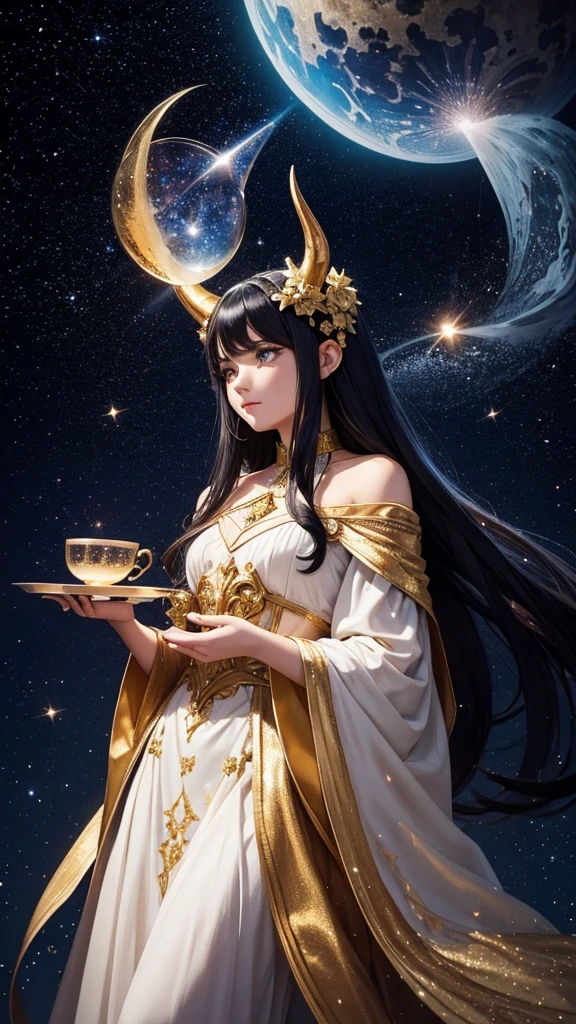 The picture showcases a whimsical and enchanting scene featuring a character with long black hair adorned with golden horns and flowers, standing inside a Turkish chai glass. The glass, which appears to be filled with a galaxy-like substance, sits on a matching saucer against a cosmic backdrop. The character wears a white and gold outfit with a colorful, starry cape draped over their shoulders. Behind the character, a large crescent moon adds to the magical ambiance, surrounded by twinkling stars and cosmic elements. The overall effect is fantastical and dreamlike, creating a sense of otherworldly charm.