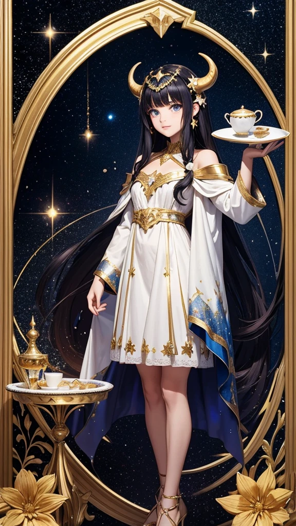 The picture showcases a whimsical and enchanting scene featuring a character with long black hair adorned with golden horns and flowers, standing inside a Turkish chai glass. The glass, which appears to be filled with a galaxy-like substance, sits on a matching saucer against a cosmic backdrop. The character wears a white and gold outfit with a colorful, starry cape draped over their shoulders. Behind the character, a large crescent moon adds to the magical ambiance, surrounded by twinkling stars and cosmic elements. The overall effect is fantastical and dreamlike, creating a sense of otherworldly charm.