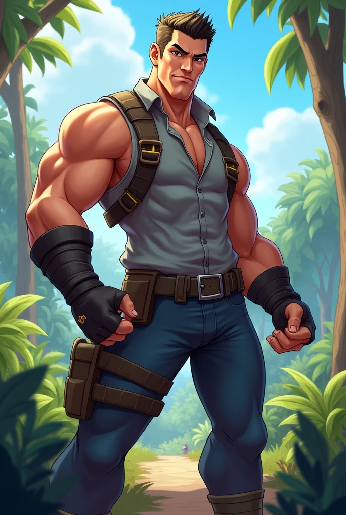 (masterpiece, Best quality 12 year old boy), 1 boy, adult, huge muscles, big body, Slightly modify the abdominal contour, Short blonde hair,brown eyes, complicated, Rainforest, Muscles sparkle in the sun,shirtless,Wearing khaki adventure pants,outdoor adventure boots,pained expression,bite lip, bright colors,(depth of field:1.2),looking at the audience, sit on stone, huge hyper muscle, huge chest, bulge, wearing body harness