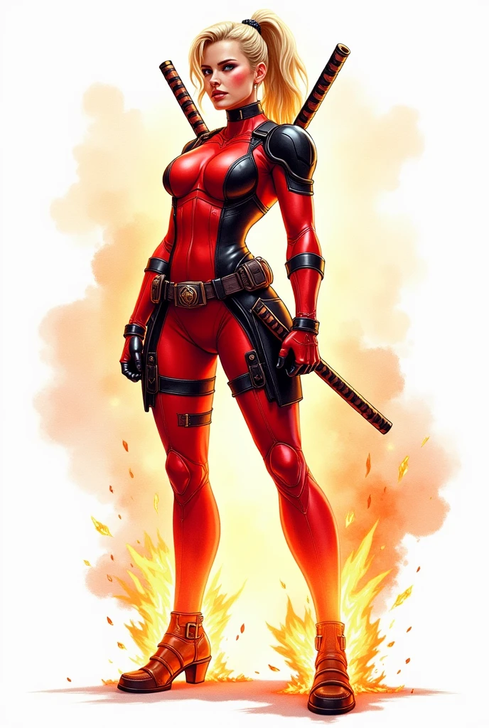 ((Full body photo, standing, feet on the floor)) comic artwork of a pretty woman, bodysuit, skintight, scifi background, bodysuit_lady_deadpool_ownwaifu, ponytail, mask, epic, dynamic shadows, cinematic lighting, armorsuit, science fiction, robot, power armor, crosshatching, 2D, Sharp, Detailed, HD, HDR, High Quality, High Resolution, Masterpiece