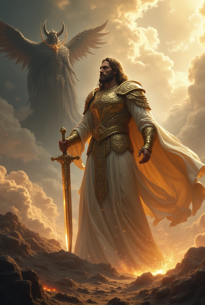 "prompt": "A celestial scene featuring a golden sky with rays of light descending majestically. The central figure is powerful, dressed in a combination of armor and sacred robes, exuding an aura of divine authority. Surrounding the figure are captives with broken chains scattered on the ground, symbolizing their liberation. Silhouettes of angels or beings of light encircle the scene, adding to the ethereal atmosphere. The overall mood is one of divine intervention and liberation, with a balance of strength and grace in the composition.",
"size": "1024x1024"