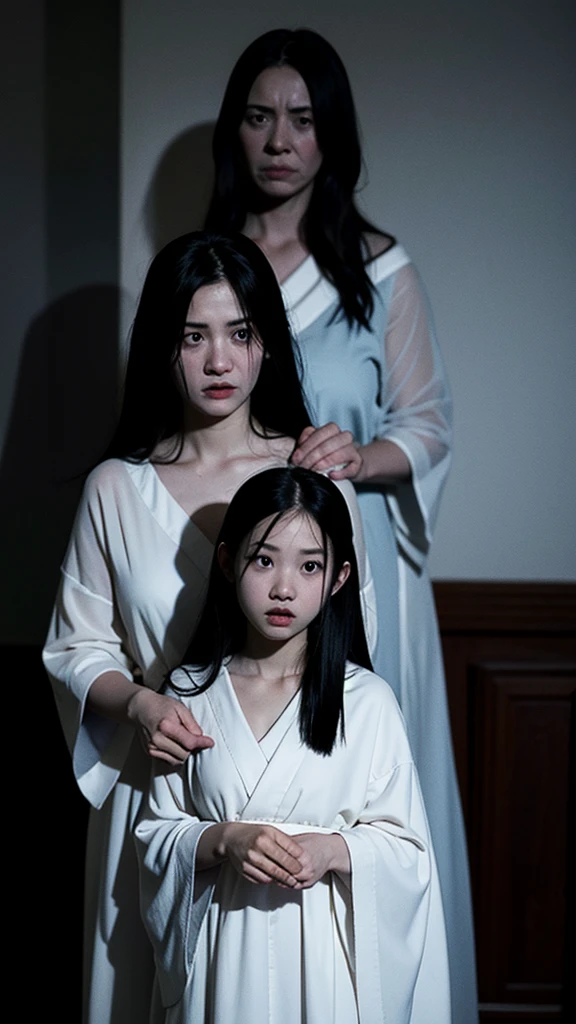 "Create an 8k horror movie poster featuring three terrified women wearing traditional sleeping dresses, huddled together in fear as they are haunted by a Japanese ghost. The ghost appears in the background, a pale, eerie figure with long black hair obscuring her face, wearing a tattered white kimono. The scene is set in a dimly lit, haunted bedroom with flickering candles and dark shadows. The women's expressions are filled with terror as they look over their shoulders at the ghostly presence. The atmosphere should be tense and chilling, with the ghost subtly blurred to give a sense of motion and supernatural dread."