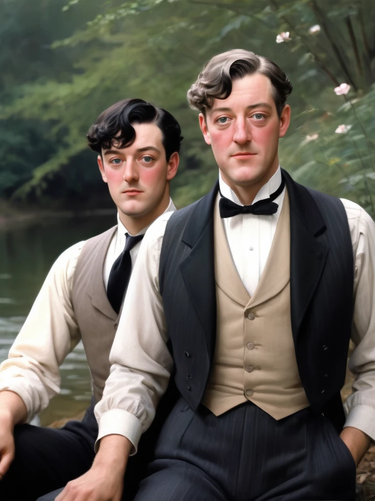 ((masterpiece, best quality)), john singer sargent style anime illustration, 2men, 2 men from the 1920s, Bertie Wooster (freckles, beautifully detailed eyes, light blue eyes, 40 years old, pink tie, flower in buttonhole, 1920s gentleman), and Jeeves (40-year-old man, ((young Stephen Fry portraying Jeeves)), full-figured, thick, handsome, crooked nose, beautifully clear eyes, intelligent expression, soft romantic expression, ((clothing is butler's garb from the 1920s, plain black morning coat and waistcoat, white shirt with club collar, narrow solid black tie, pinstriped black trousers)), short, tidy black hair, clean shaven, dark gray eyes.) two men sitting together on a riverbank.