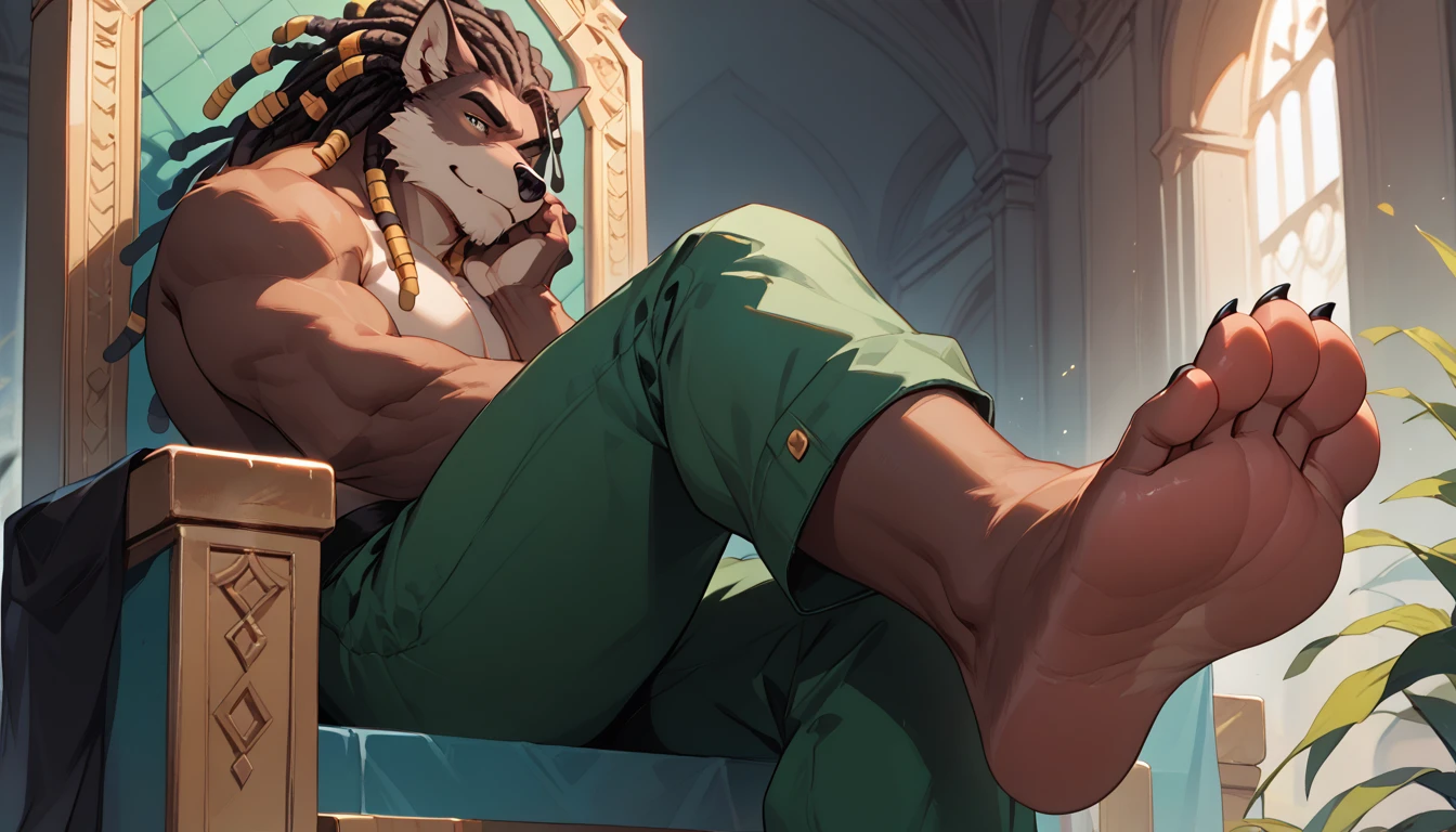 big, furry, muscular male, black wolf, dreadlocks hair, mature man, sitting on throne, barefoot, green pants, topless, foot focus, close up on feet, wide feet, visible soles, from side view