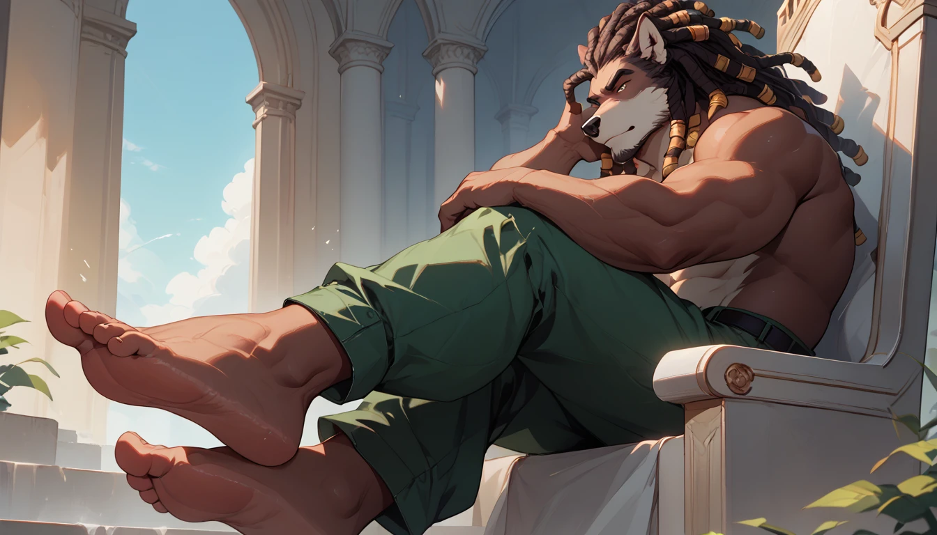 big, furry, muscular male, black wolf, dreadlocks hair, mature man, sitting on throne, barefoot, green pants, topless, foot focus, close up on feet, wide feet, visible soles, from side view