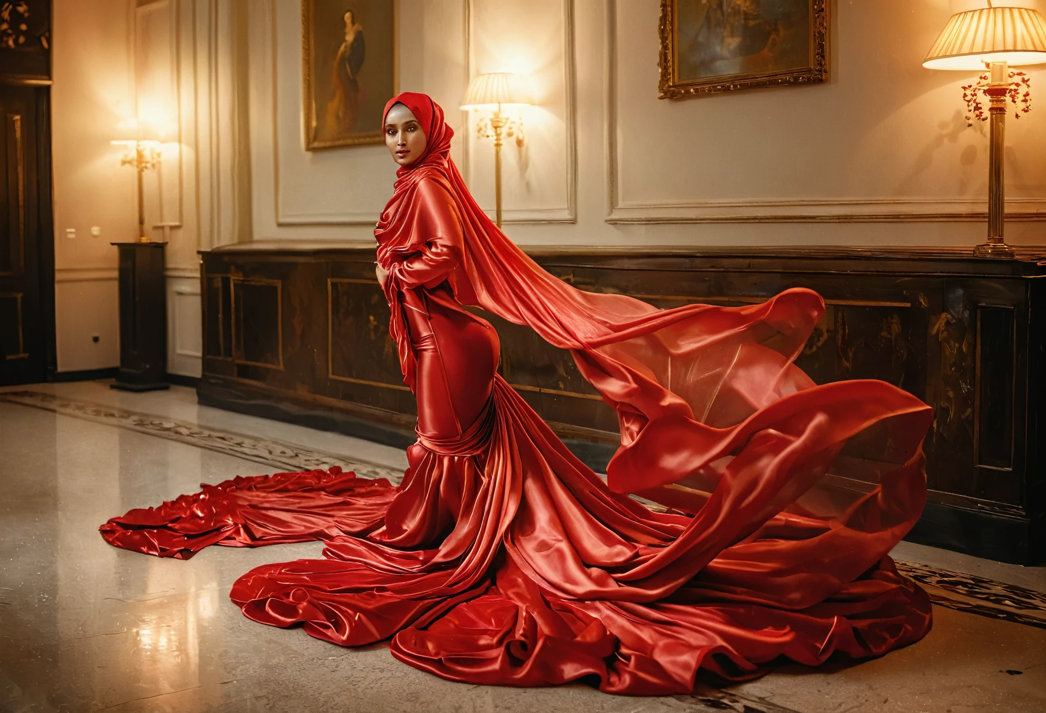 woman shrouded in a 10-meter-long, plush red semi transparent satin shimmer cloth, tightly bound and grandly draping along the form of her body, flowing off into a pooled floor-length train, styled in a mermaid-inspired outfit, her head modestly veiled in a satin hijab,walk in hotel loby, a full-body pose conveying a sense of mysterious elegance, captured in a 4k resolution, ultra-realistic, (best quality,4k,8k,highres,masterpiece:1.2),ultra-detailed,(realistic,photorealistic,photo-realistic:1.37),HDR,UHD,studio lighting,ultra-fine painting,sharp focus,physically-based rendering,extreme detail description,professional,vivid colors,bokeh,portraits,fantasy,cinematic lighting
