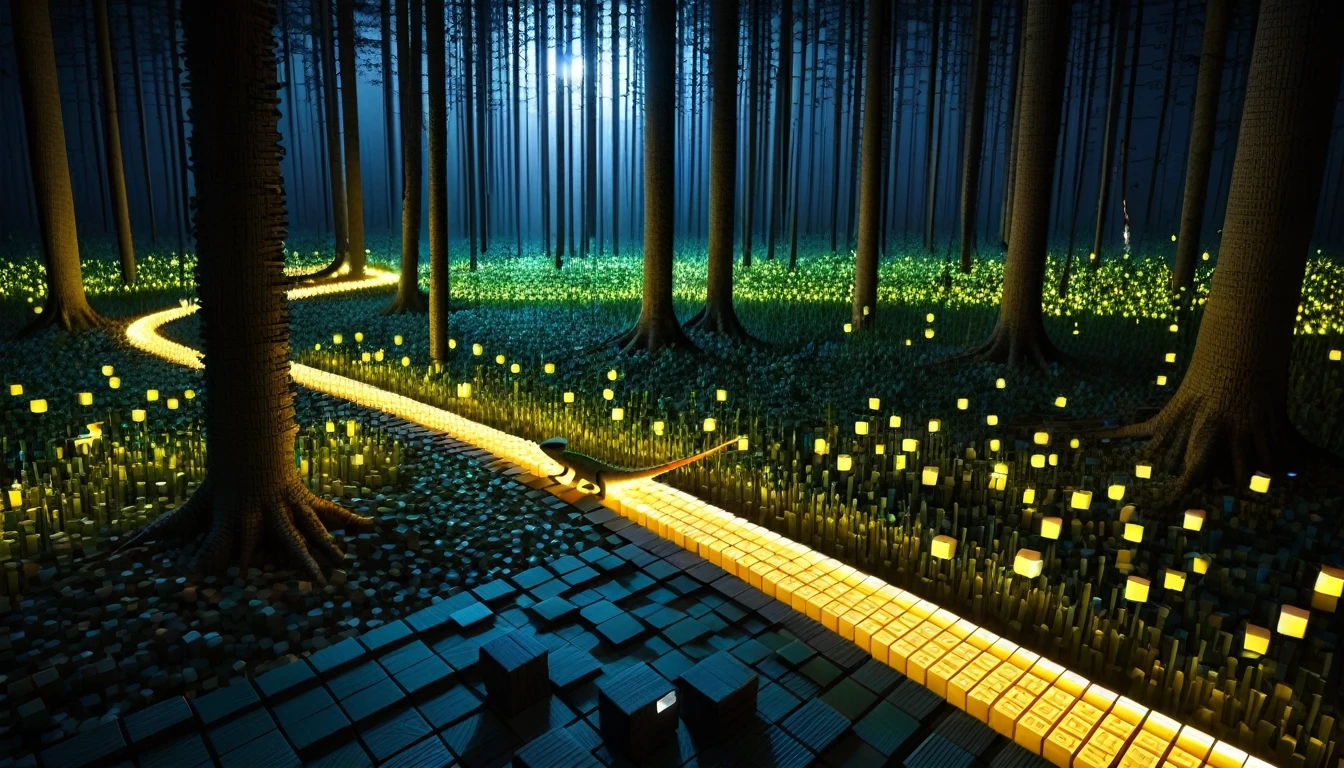 A fascinating dark night forest path made of RAL-3D cubes, Surrounded by the fantastic light of fireflies,A dark and very beautiful secret forest,道でA small baby lizard is playing in the distance,A small baby lizard is playing in the distance