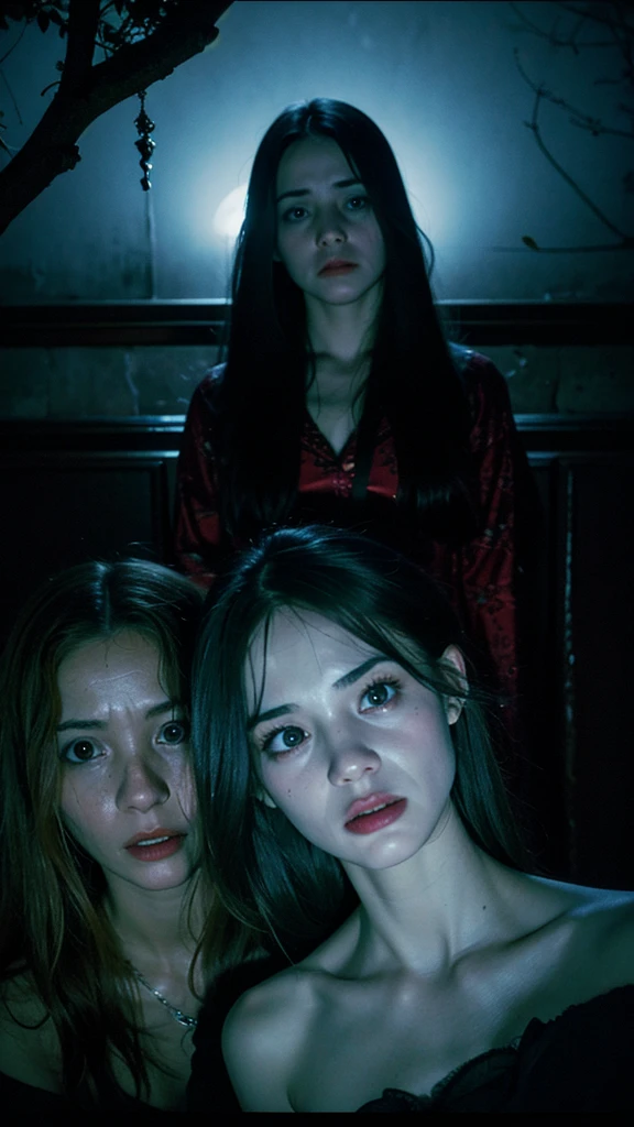 "Create an 8k horror movie poster featuring three terrified women in vintage sleeping dresses, haunted by a female ghost. The women are huddled together in a dimly lit, decrepit bedroom with cracked walls and flickering candles. The ghost, with a menacing expression, floats in the background, with long, tangled hair and an eerie, decaying appearance. The women’s faces show pure fear as they look over their shoulders at the ghostly figure. The atmosphere should be dark and chilling, with shadows and cold blue lighting creating an ominous and suspenseful mood."