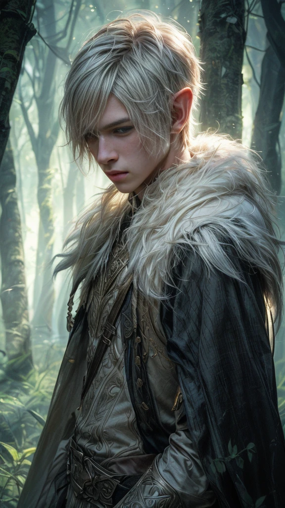 A young male elf noble or royal with long pointy ears, messy very short white hair, standing in the middle of a dense forrest, high resolution, masterpiece, precise, anatomically correct, best quality, UHD, realistic,