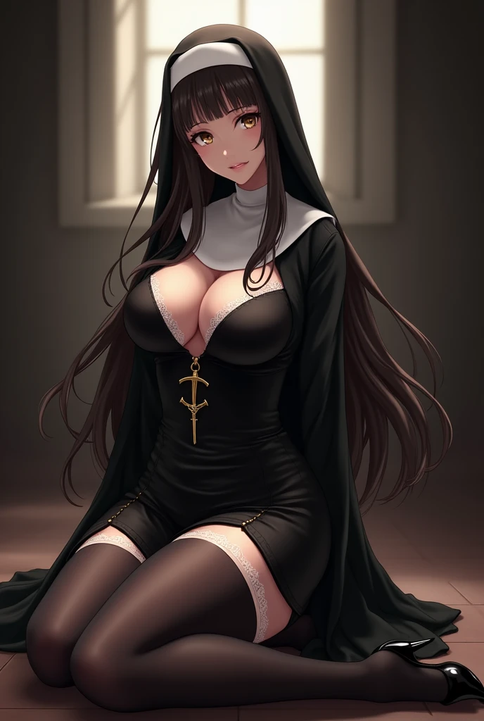 long dark hair / big tits / brown eye / nun outfit . nude tits