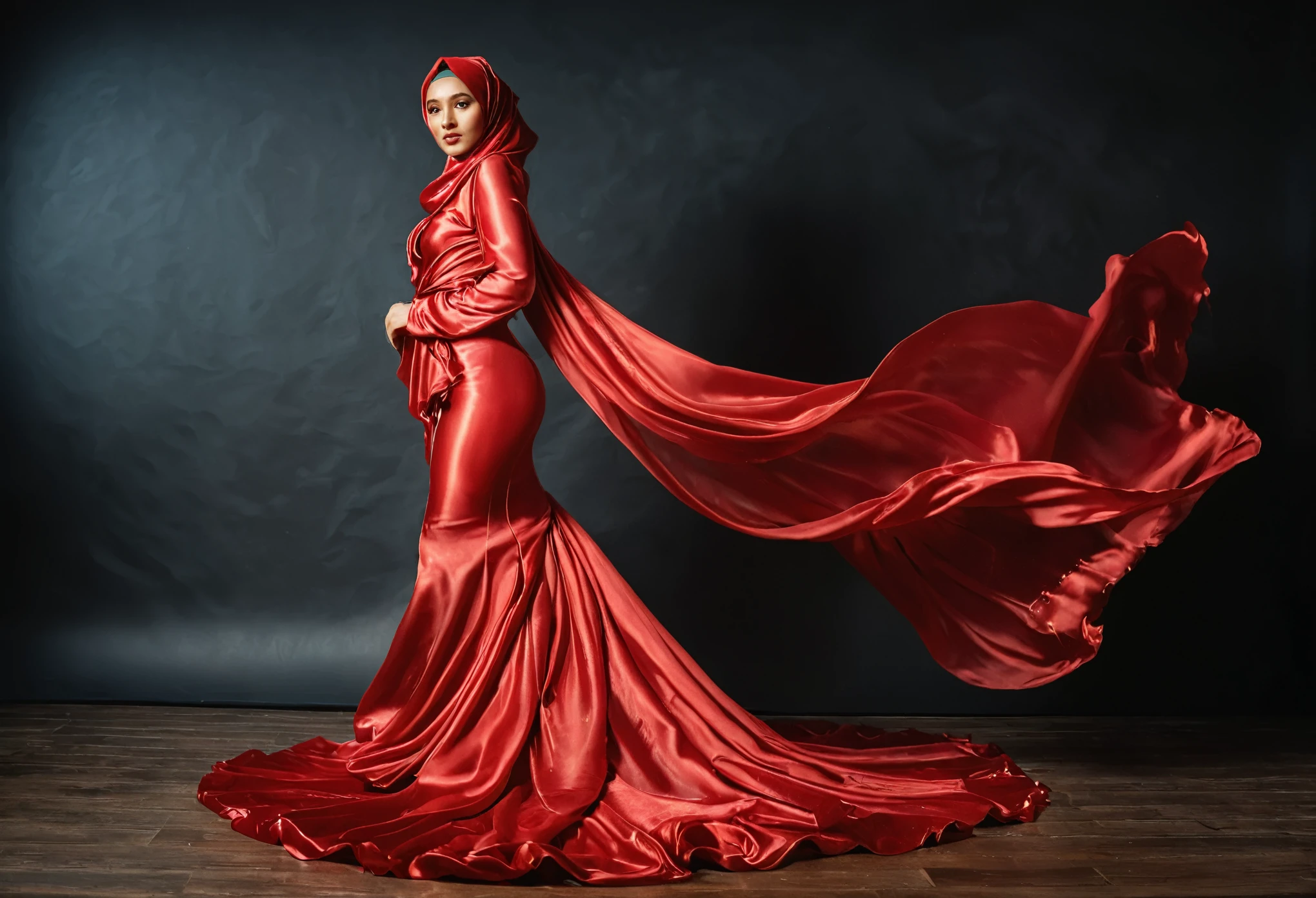 woman shrouded in a 10-meter-long, plush red semi transparent satin shimmer cloth, tightly bound and grandly draping along the form of her body, flowing off into a pooled floor-length train, styled in a mermaid-inspired outfit, her head modestly veiled in a satin hijab,walk in photo studio, a full-body pose conveying a sense of mysterious elegance, captured in a 4k resolution, ultra-realistic, (best quality,4k,8k,highres,masterpiece:1.2),ultra-detailed,(realistic,photorealistic,photo-realistic:1.37),HDR,UHD,studio lighting,ultra-fine painting,sharp focus,physically-based rendering,extreme detail description,professional,vivid colors,bokeh,portraits,fantasy,cinematic lighting
