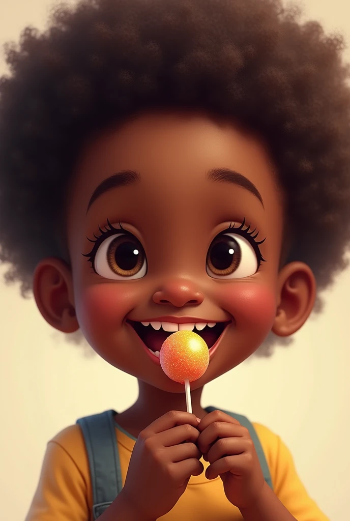 A lively dark-skinned boy eating a chocolate