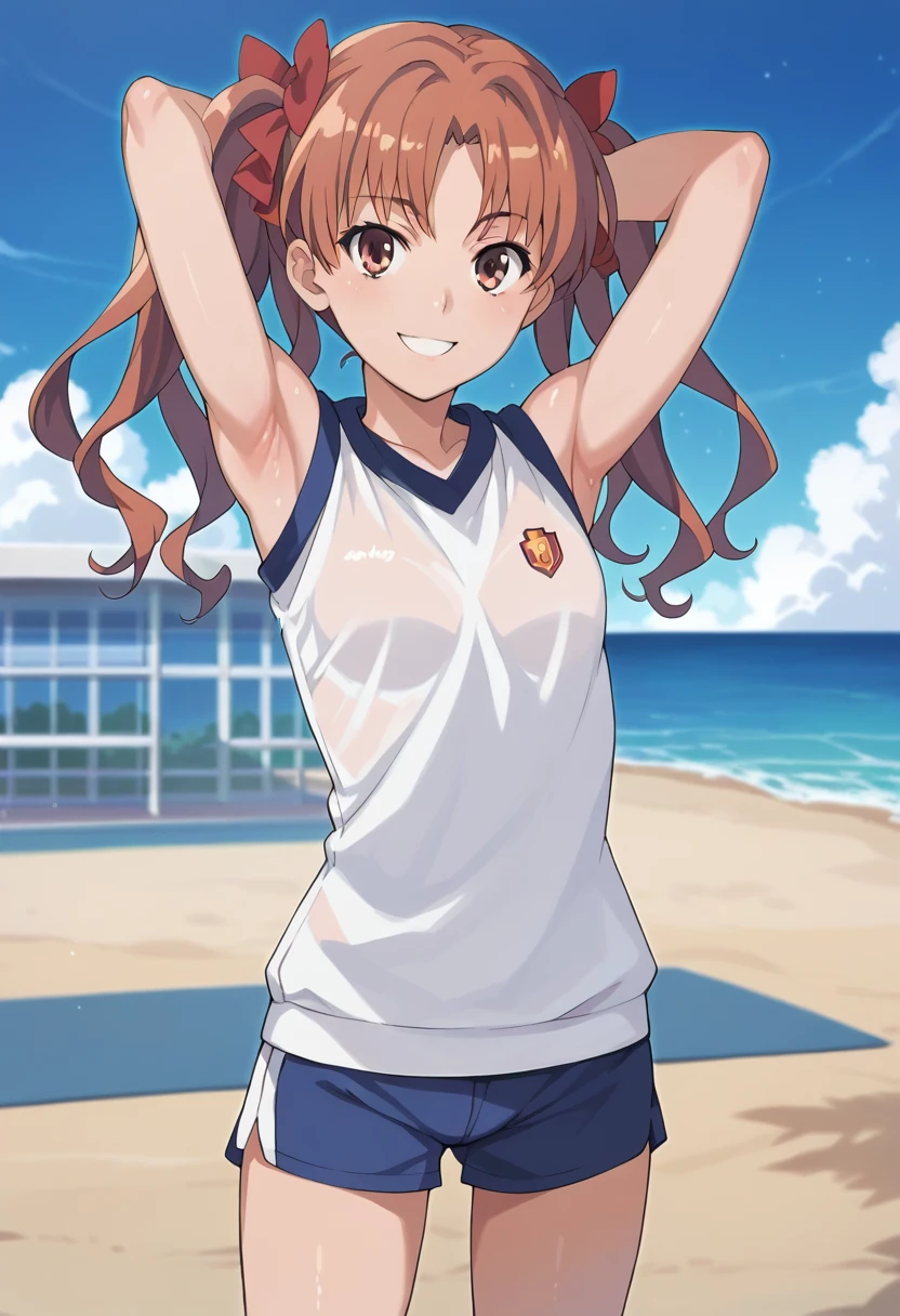 kuroko, gym, shiny skin, masterpiece, best quality, closed mouth, solo, (cowboy shot:1.5), night sky, beach, arms behind head, contrapposto, spread armpits, smile,
