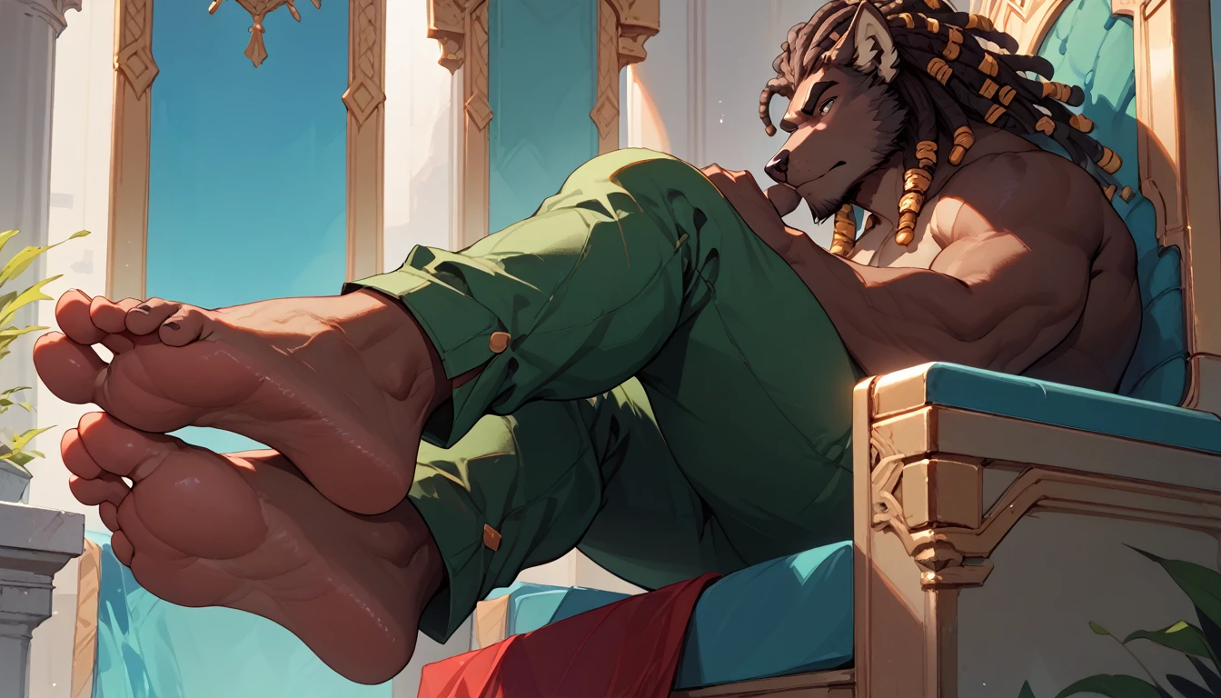 big, furry, muscular male, black wolf, dreadlocks hair, mature man, sitting on throne, barefoot, green pants, topless, foot focus, close up on feet, wide feet, visible soles, from side view