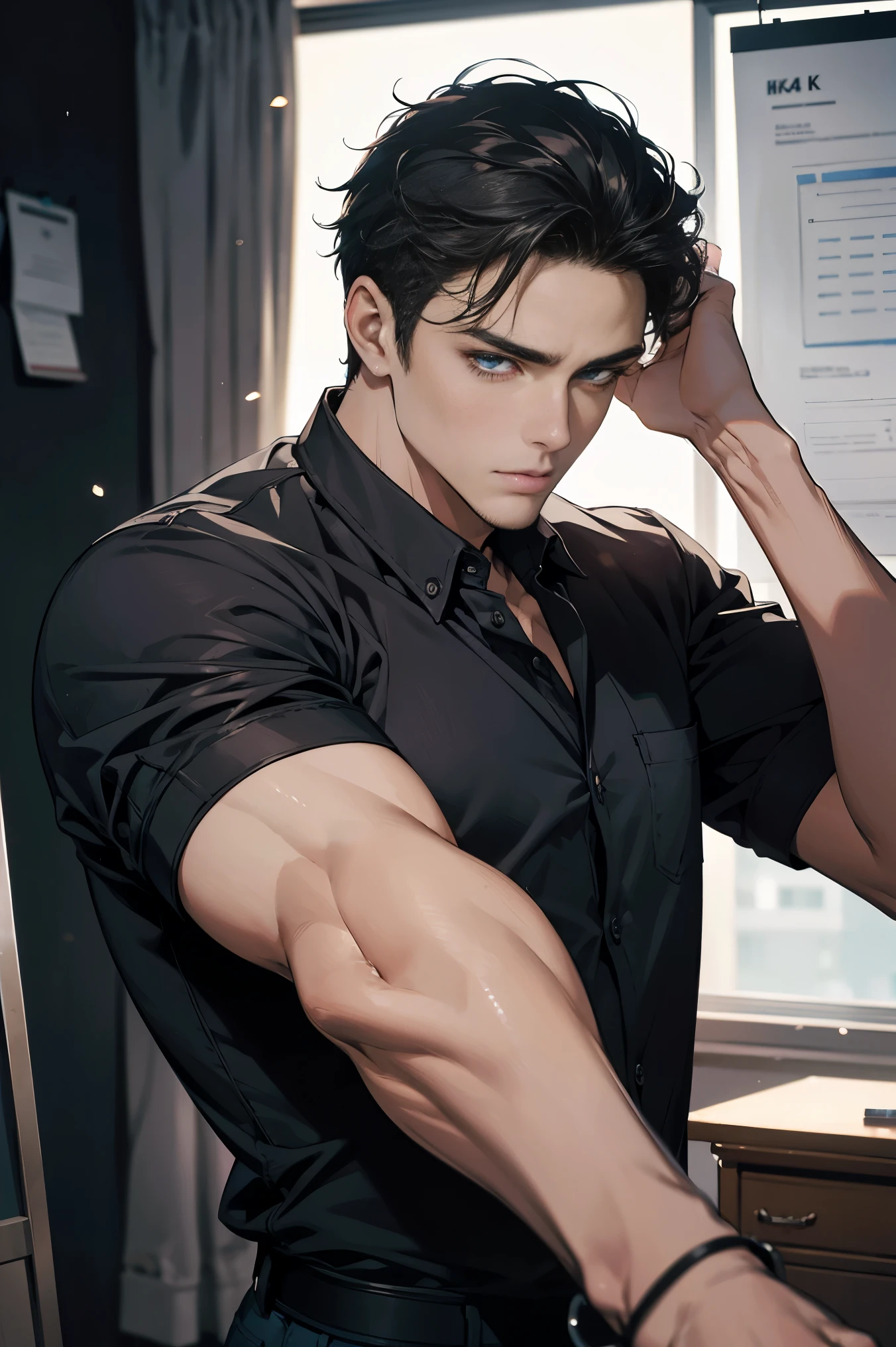 ((the best quality)), ((Masterpiece)), (details), perfect face, high definition, Masterpiece,4k,details clearly, Handsome face, white skin, perfect body, male body, strong muscles, abdomen, blue eyes, white skin, The most handsome man in the world, handsome, The coolest face, Male characters, close image (1man, shirtless), young man, mischievous smile, Extremely muscular tall man, open your eyes ((detailed eyes)), huge, muscular body and Massive, bulging pecs, muscular abs, narrow waist, short hair, blue eyes, delicate big eyes, carefree expression, Clear face, handsome (detailed face, perfect face) ((extremely realistic shadows, bodybuilding posture, human, ((22-year-old young man)), V shape, Slacks pants, Shirtless, lower pants, topless, hair moved by the wind, belt, close image (1man, shirtless, ripped muscles, room office, Bright light, Open shirt, oversize shirt, hem of the shirt, Unbutton your shirt, Thin shirt