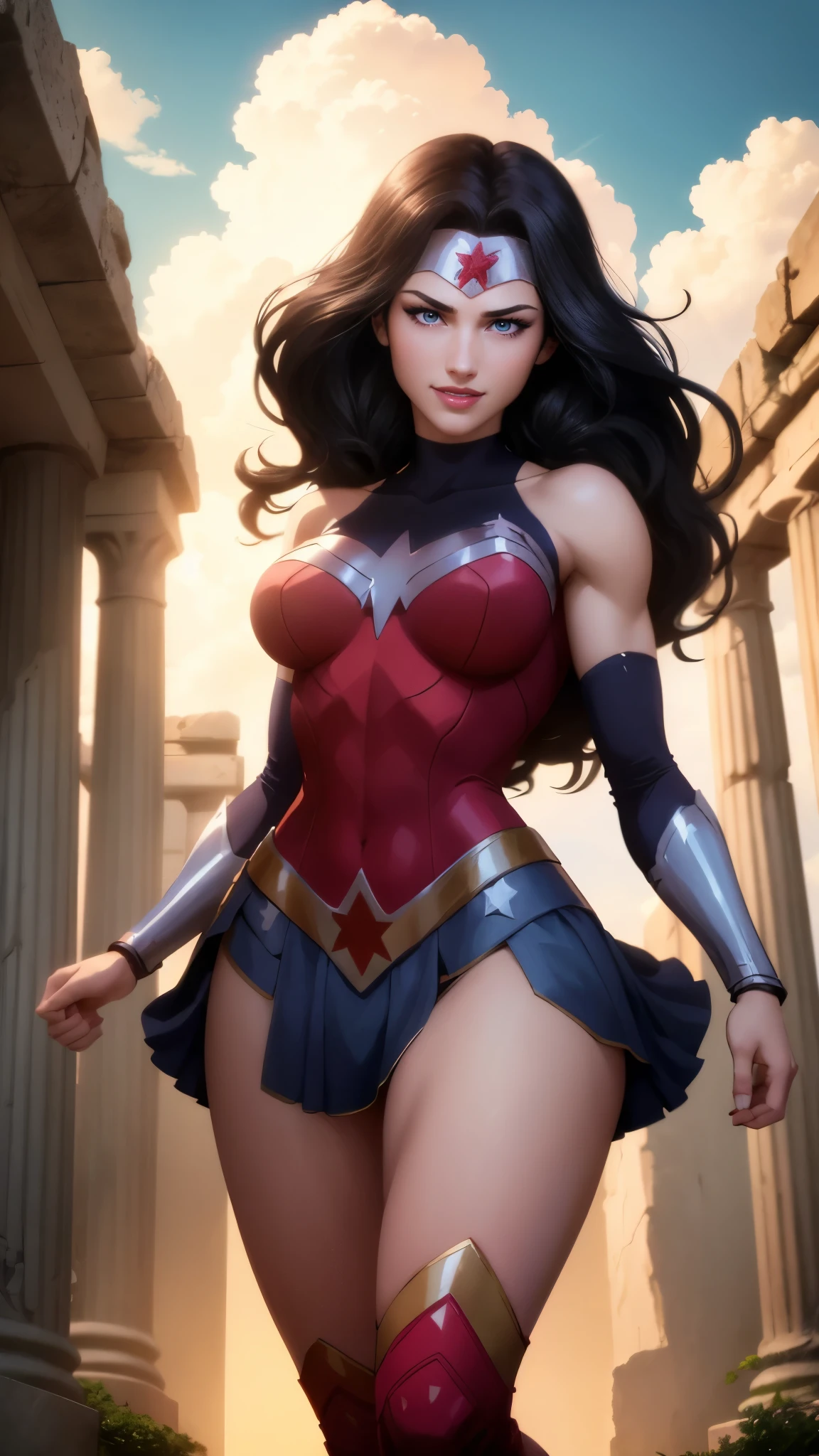 wonder woman da DC,(best qualityer,4K,8k,high resolution,work of art:1.2)(weather: cloudy), greek temple background, temple ruins, long curly hair, black hair, long bodycon dress, tight skirt, thigh high boots, diadem, bracelets, combat pose, ultra detailed,portrait,realistic,beautiful detailed blue eyes, beautiful detailed lips,extremely detailed eye and face, long eyelashes,average,large breasts,flying hair,beaming smile, cute smile,powerful girl, bright coloured, dramatic lighting,