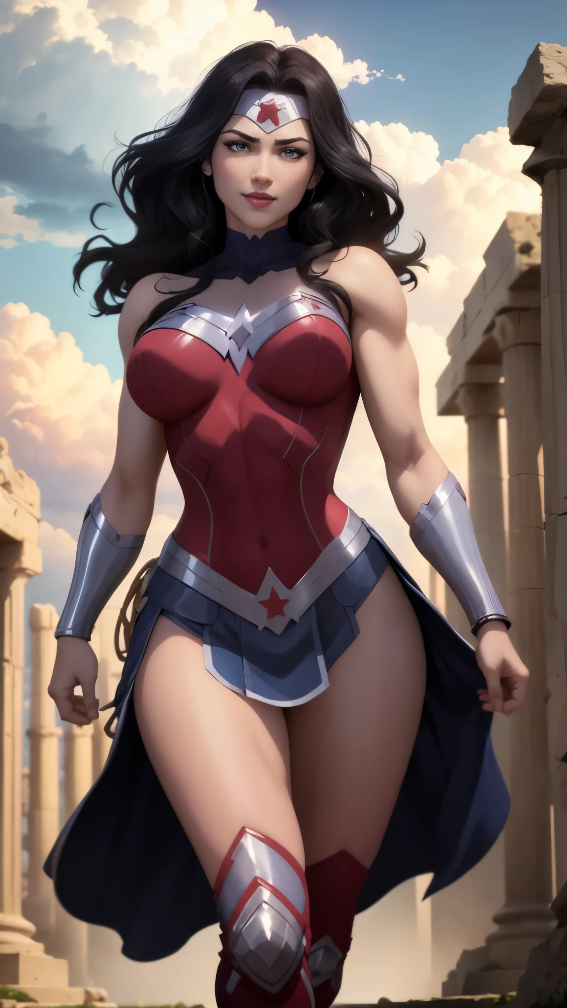 wonder woman da DC,(best qualityer,4K,8k,high resolution,work of art:1.2)(weather: cloudy), greek temple background, temple ruins, long curly hair, black hair, long bodycon dress, tight skirt, thigh high boots, diadem, bracelets, combat pose, ultra detailed,portrait,realistic,beautiful detailed blue eyes, beautiful detailed lips,extremely detailed eye and face, long eyelashes,average,large breasts,flying hair,beaming smile, cute smile,powerful girl, bright coloured, dramatic lighting,