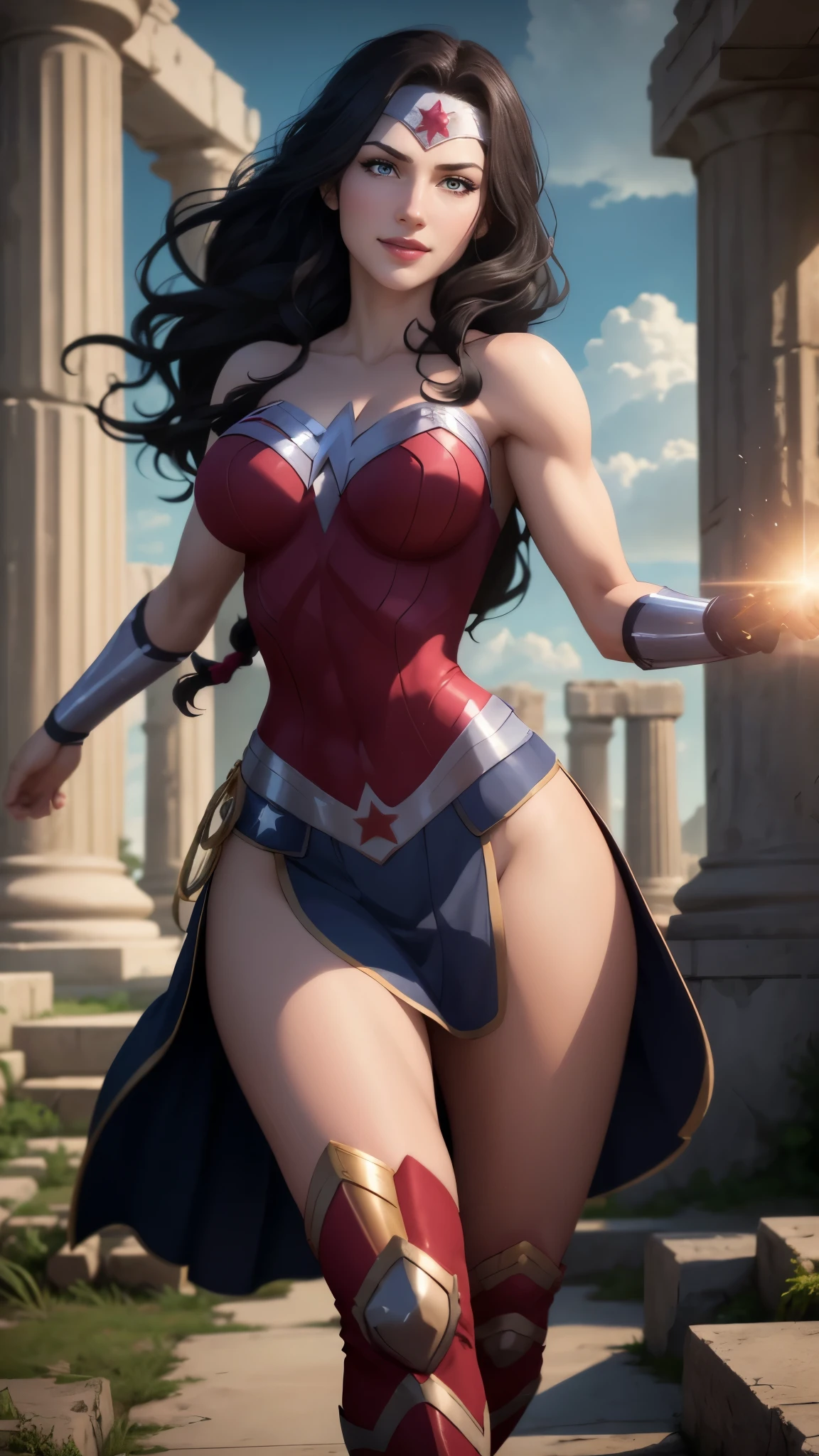 wonder woman da DC,(best qualityer,4K,8k,high resolution,work of art:1.2)(weather: cloudy), greek temple background, temple ruins, long curly hair, black hair, long bodycon dress, tight skirt, thigh high boots, diadem, bracelets, combat pose, ultra detailed,portrait,realistic,beautiful detailed blue eyes, beautiful detailed lips,extremely detailed eye and face, long eyelashes,average,large breasts,flying hair,beaming smile, cute smile,powerful girl, bright coloured, dramatic lighting,