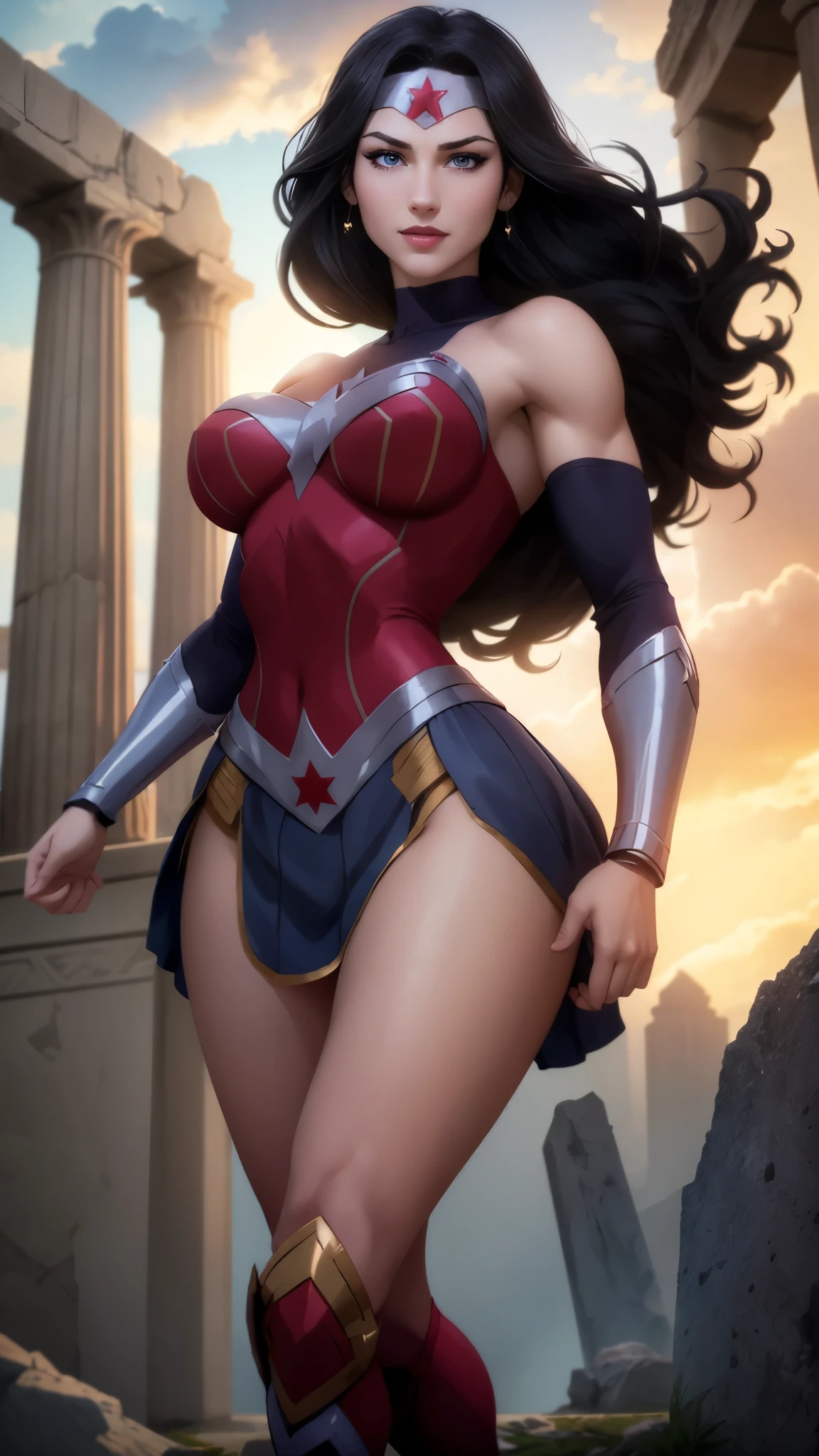 wonder woman da DC,(best qualityer,4K,8k,high resolution,work of art:1.2)(weather: cloudy), greek temple background, temple ruins, long curly hair, black hair, long bodycon dress, tight skirt, thigh high boots, diadem, bracelets, combat pose, ultra detailed,portrait,realistic,beautiful detailed blue eyes, beautiful detailed lips,extremely detailed eye and face, long eyelashes,average,large breasts,flying hair,beaming smile, cute smile,powerful girl, bright coloured, dramatic lighting,