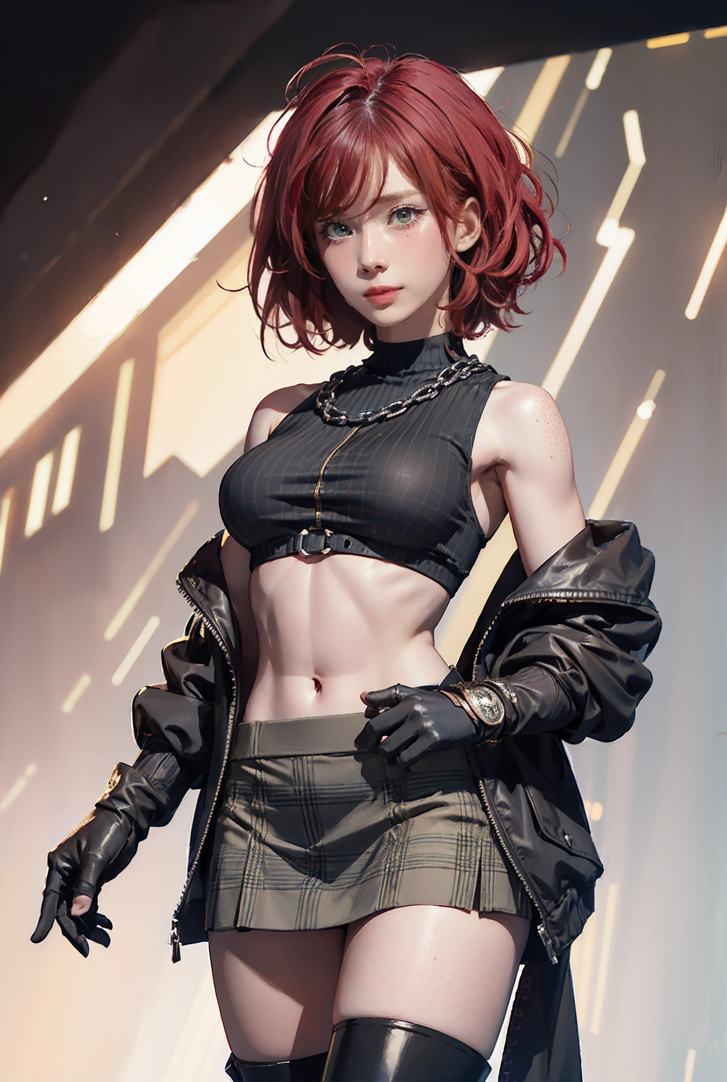 woman, Curly Red Pixie Cut Hair, Green Eyes, Wearing a black crop top shirt, Long black jacket, Red Check Skirt, (Black knee-high boots), Black fingerless gloves, Exposed shoulders, (whole body), Big breasts Freckles, Clevis, Abdominal muscles, View your viewers, masterpiece, Best Quality, , Holopunk Style, NSFW