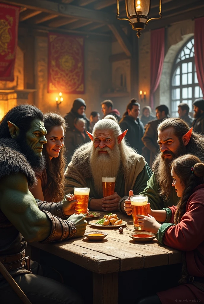 (masterpiece:1.2), (best quality,:1.2), 8k, HDR, ultra detailed, ((photorealistic)), 1girl :(elf , beautiful face, slender body), 1 man:(rpg-dwarf, long beard, muscular body), 1 man:(knight, handsome face, tall), several adventurers sitting together at a table in a crowded FanTav professional light, cinematic lighting, ambient lighting,