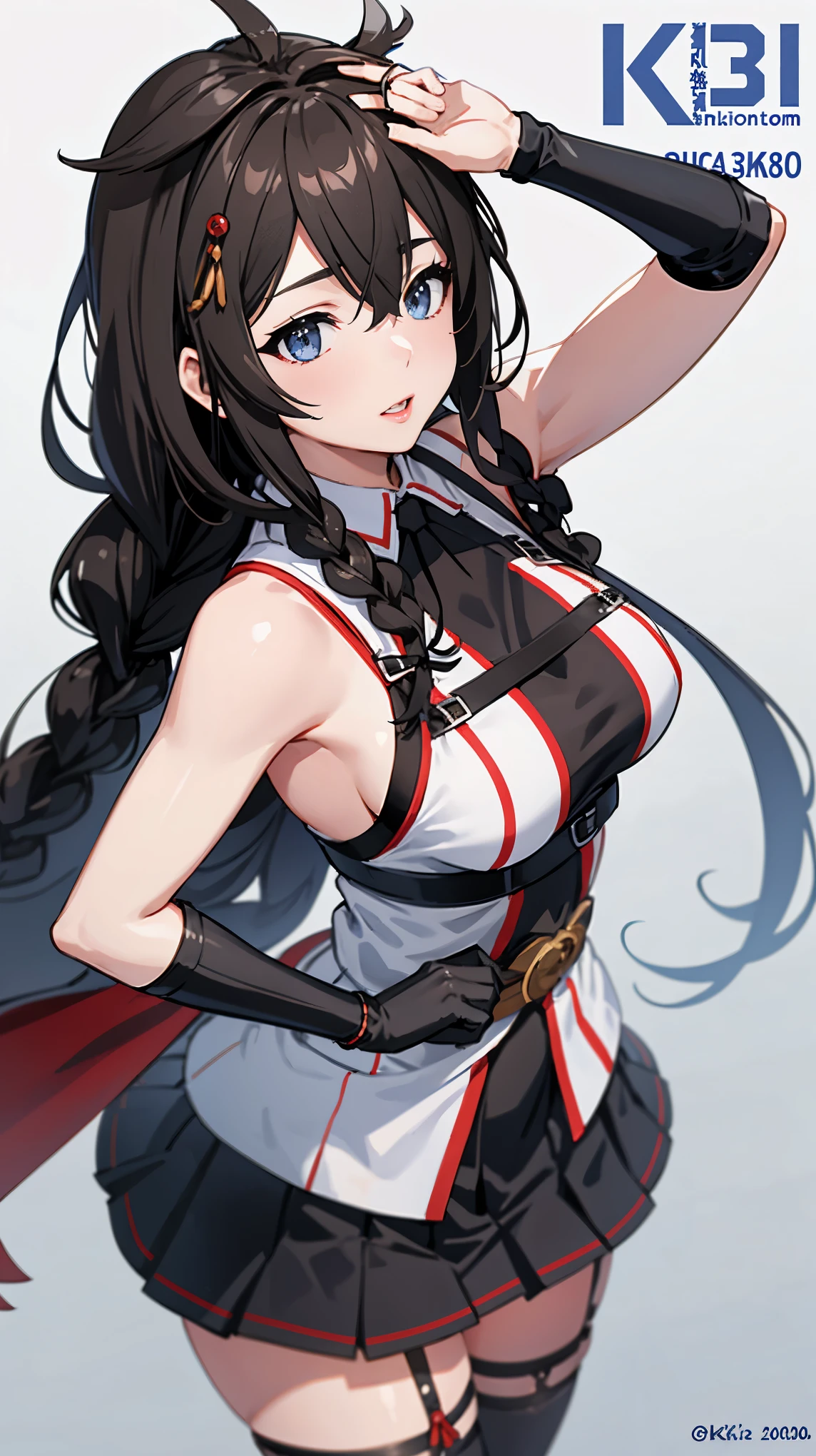 Shigure Kai 3 KanColle Sleeveless Black fingerless gloves Black skirt Braids 8K high resolution Highly detailed eyes Highly detailed face、Very detailed body、Highly detailed skin