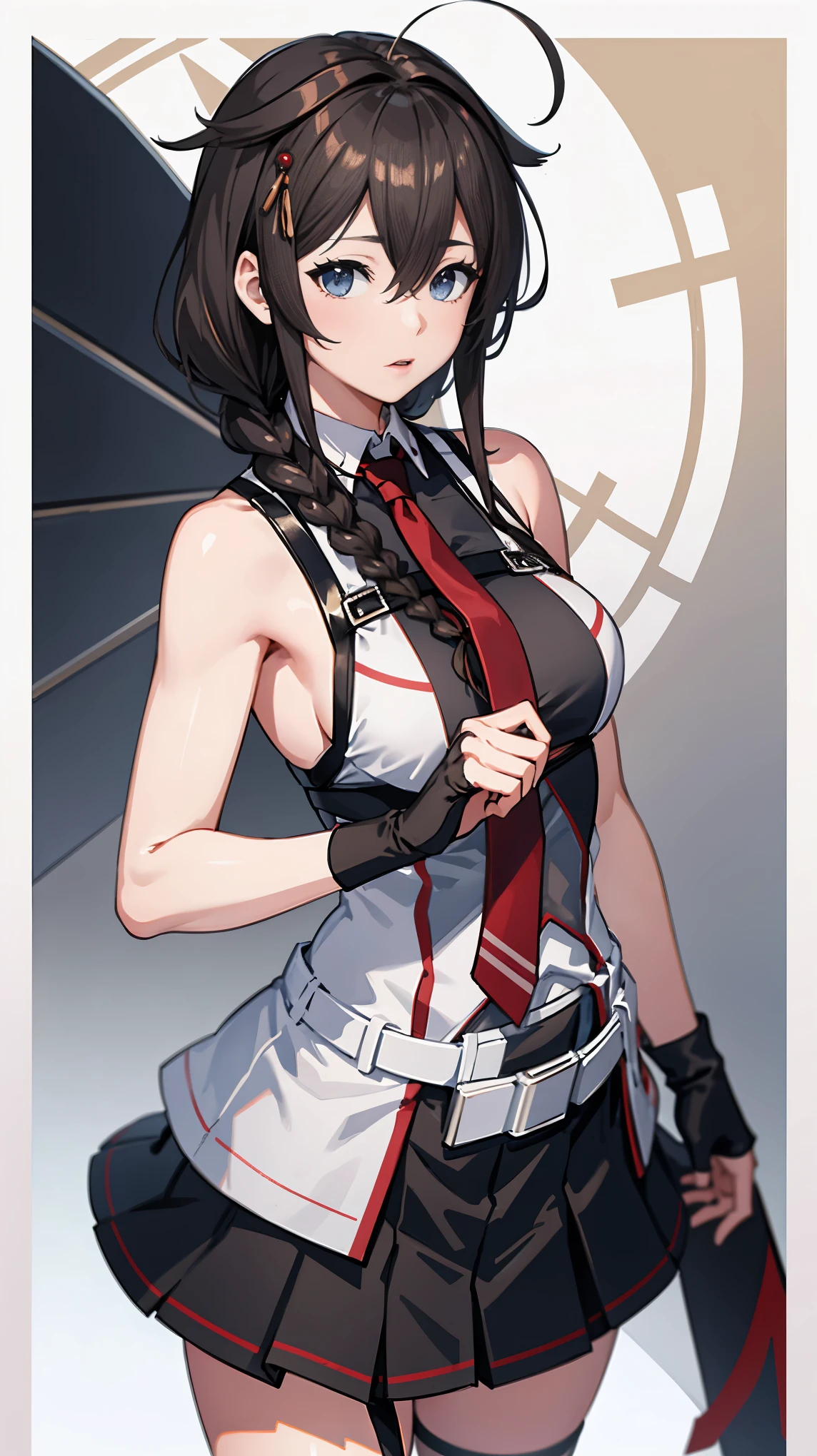 Shigure Kai 3 KanColle Sleeveless Black fingerless gloves Black skirt Braids 8K high resolution Highly detailed eyes Highly detailed face、Very detailed body、Highly detailed skin