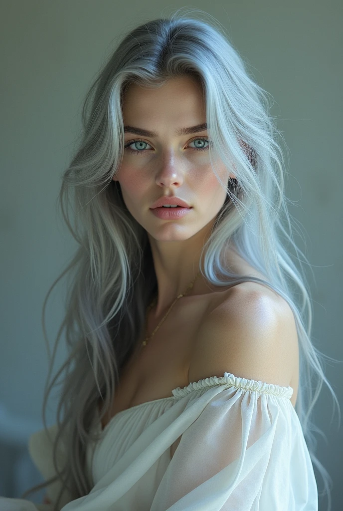 A striking teen adult model with icy blue eyes and angelic features poses, age 18, nude, silver hair (((fully naked))), youthful, energetic, playful, posing, by Tim Walker, full body, business clothing