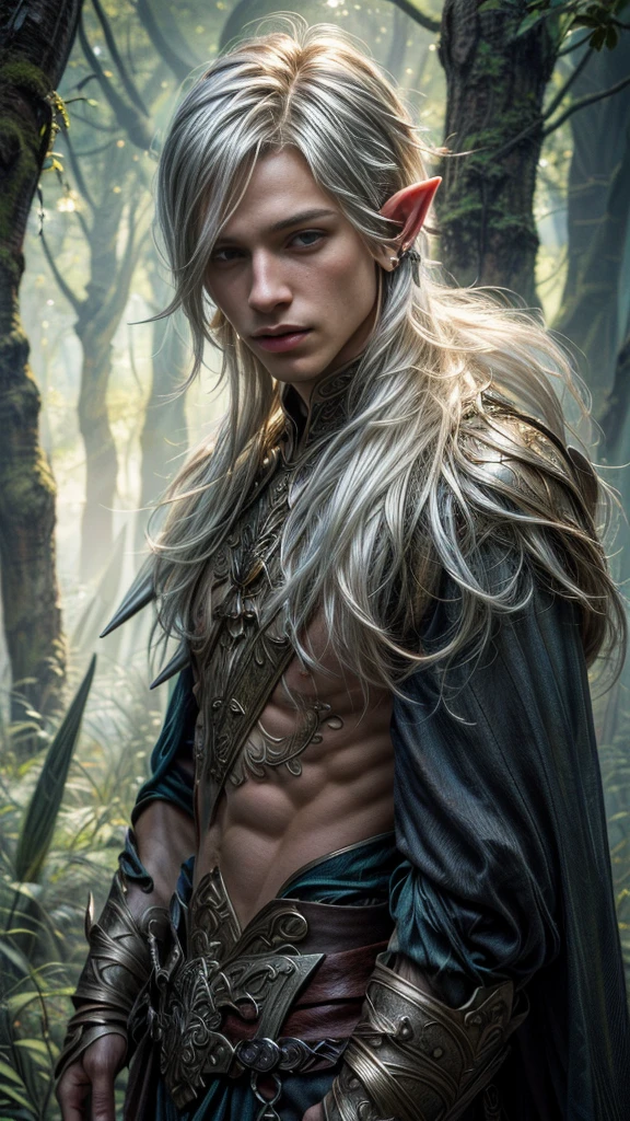 A young male elf royal with (long pointy ears:1.3), messy very short silver-white hair, standing in the middle of a dense forrest, high resolution, masterpiece, precise, anatomically correct, best quality, UHD, realistic,