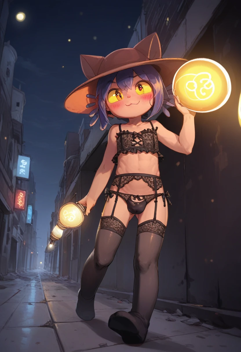 (score_9,score_8_up,score_7_up), art by zinfyu, Best Quality, Masterpiece, (Absurdres:), Detailed, Ultra-Detailed, Digital Art, correct anatomy, arms in correct position, niko, solo, young male, full body, cat boy, young, human nose, hat, cute, happy face, smug smile, blushing, beautiful eyes, cat eyes, yellow eyes, cat pupil, (Walking through the world machine:1.1), city at night, holding a very large light bulb shaped lamp, (wearing lace lingerie:1.3), stockings and garter belt, crotchless panties, lace bustier