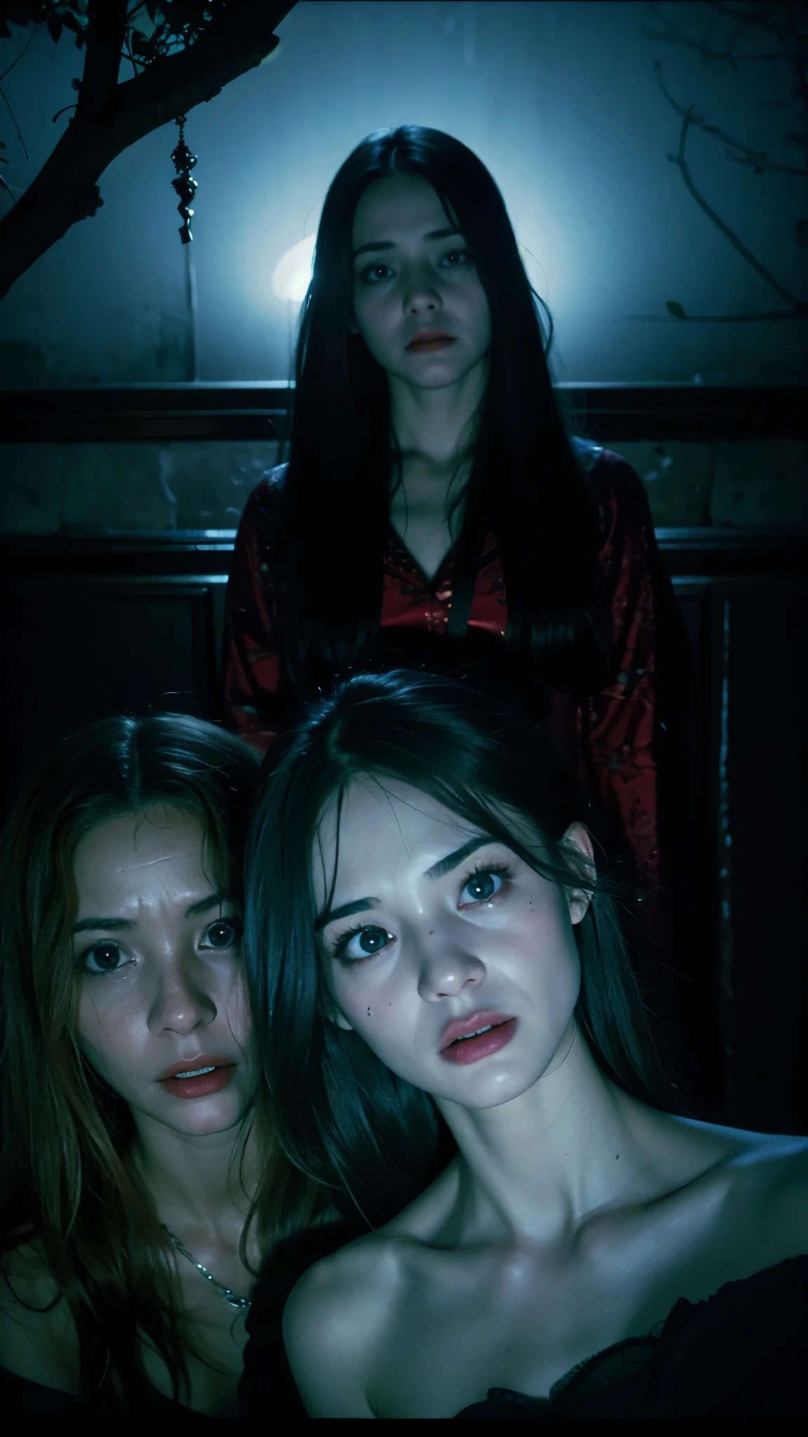 "Create an 8k horror movie poster featuring three terrified women in vintage sleeping dresses, haunted by a female ghost. The women are huddled together in a dimly lit, decrepit bedroom with cracked walls and flickering candles. The ghost, with a menacing expression, floats in the background, with long, tangled hair and an eerie, decaying appearance. The women’s faces show pure fear as they look over their shoulders at the ghostly figure. The atmosphere should be dark and chilling, with shadows and cold blue lighting creating an ominous and suspenseful mood."