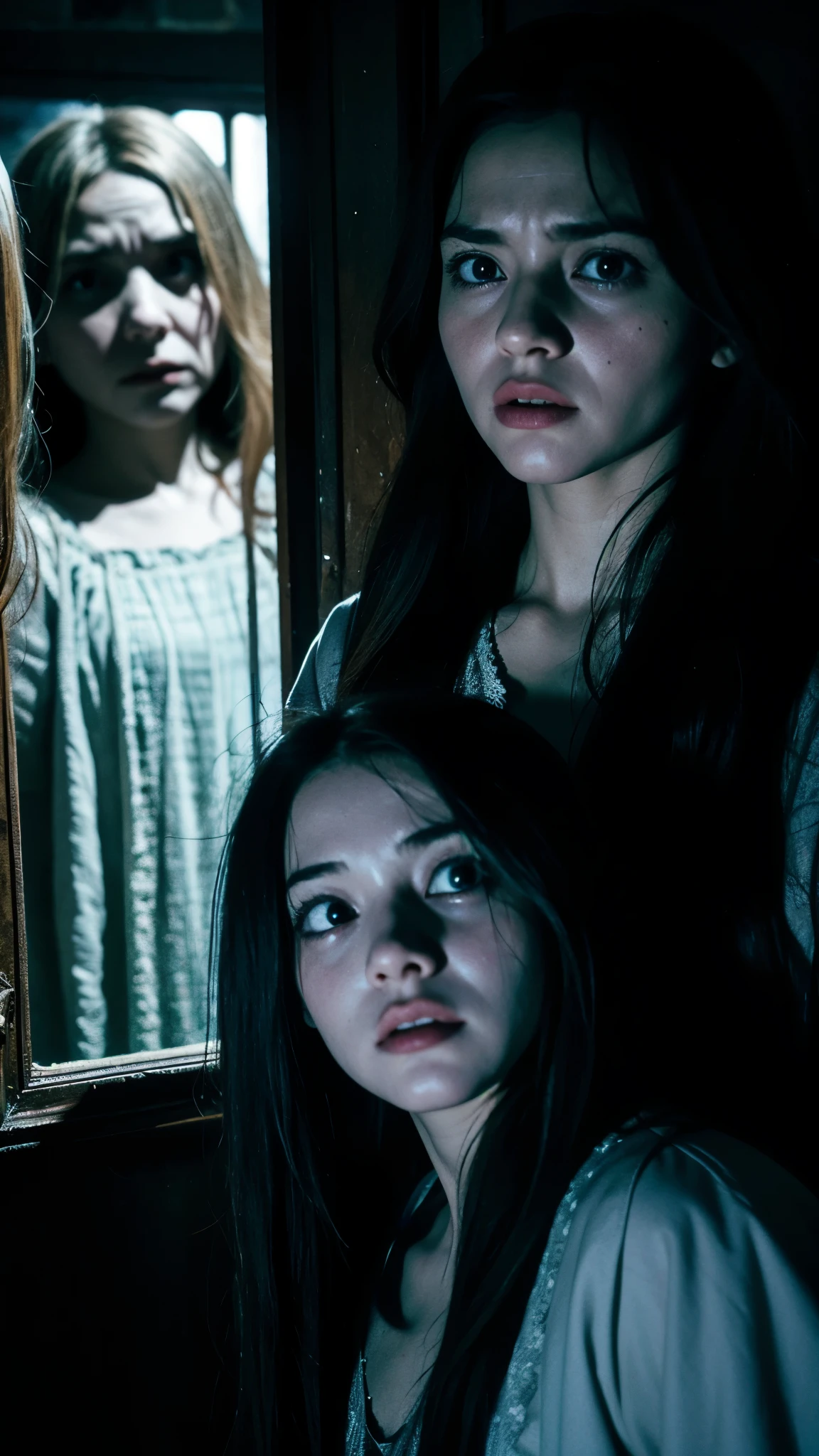 "Create an 8k horror movie poster featuring three terrified women in vintage sleeping dresses, haunted by a female ghost. The women are huddled together in a dimly lit, decrepit bedroom with cracked walls and flickering candles. The ghost, with a menacing expression, floats in the background, with long, tangled hair and an eerie, decaying appearance. The women’s faces show pure fear as they look over their shoulders at the ghostly figure. The atmosphere should be dark and chilling, with shadows and cold blue lighting creating an ominous and suspenseful mood."