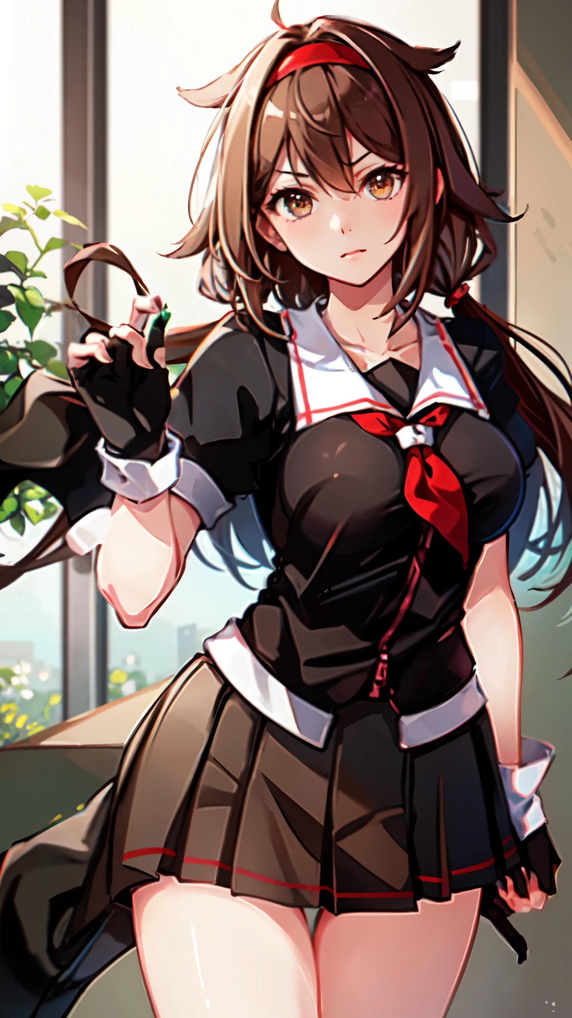 Best Quality, masterpiece, High resolution, One person, {Fleet Collection_White Dew:1.15} Brown Hair、Long Hair、Thighs、Short sleeve、Pleated skirt、Hairbands、Seraph、Black gloves、Fingerless gloves、Black Skirt、neckerchief、Medium breast　Office　Look here