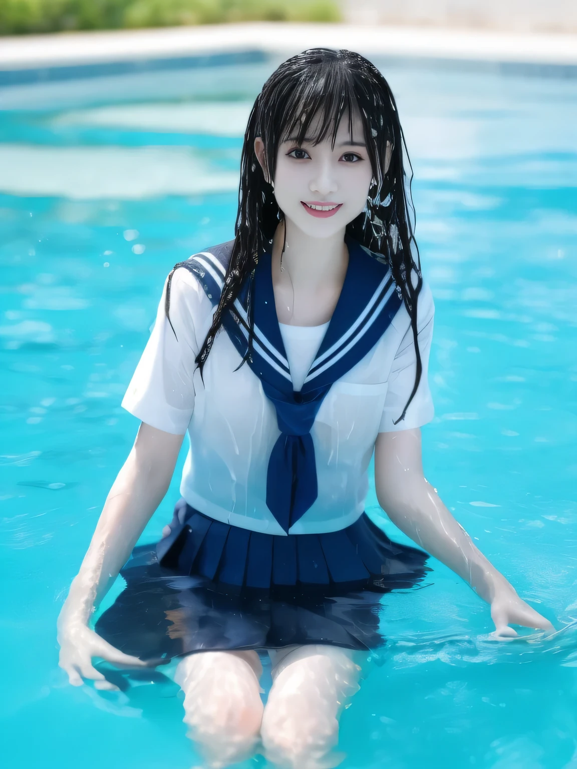 masutepiece, Best Quality, 8K, ers old, Teen, Raw photo, absurderes, award winning portrait, Smile, Solo,  Idol face, violaceaess, Delicate girl, Upper body, Digital SLR, Looking at Viewer, Candid, Sophisticated,Thin arms, Professional Lighting, Film grain, chromatic abberation, (Eyes and faces with detailed:1.0), (Bokeh:1.1) , (Sailor Uniform,Wet and see-through clothes:1.1) , closes mouth , (In the pool:1.1)